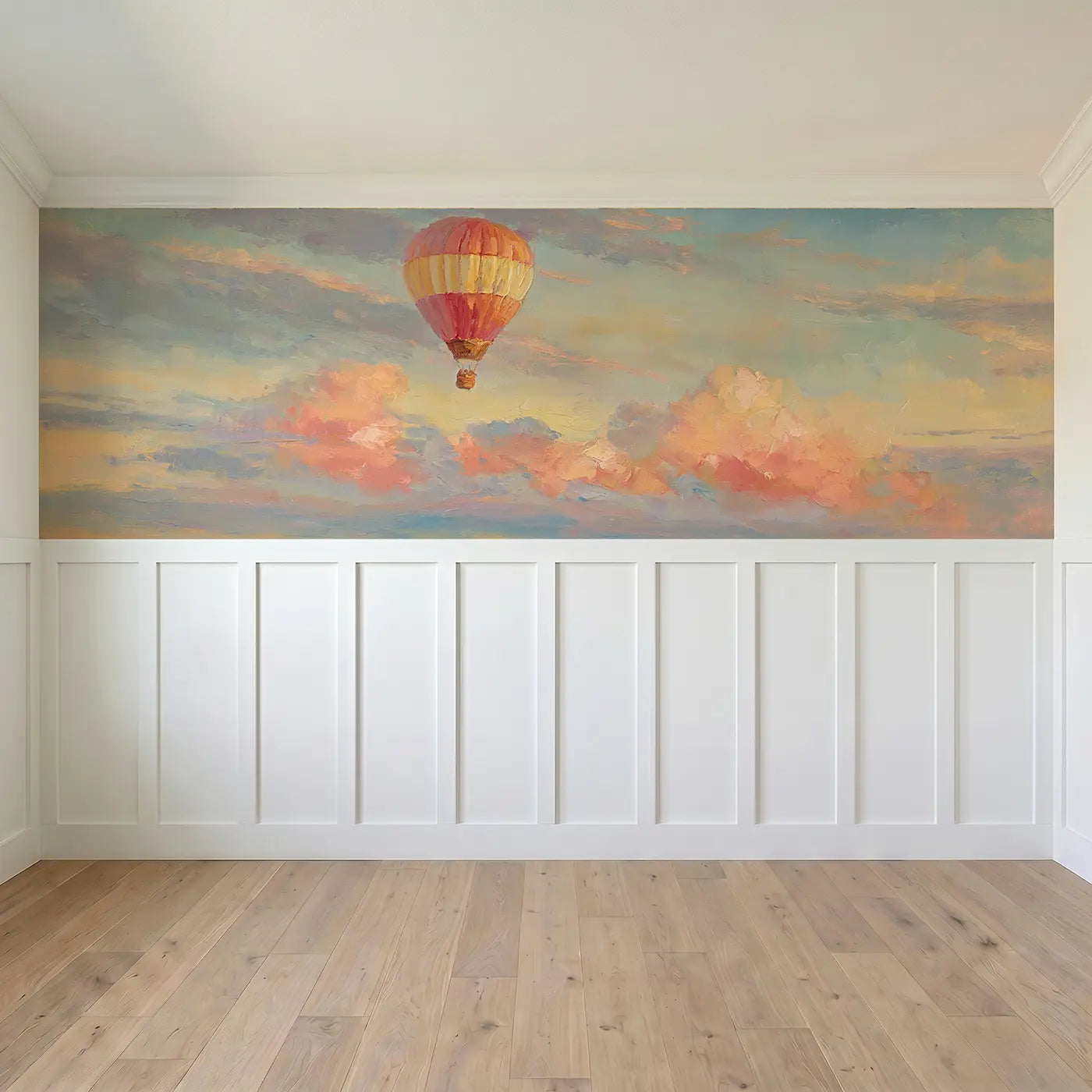 Full panel view of Single Balloon Sunrise Solo Wainscoting Wallpaper by Whimsy Tots