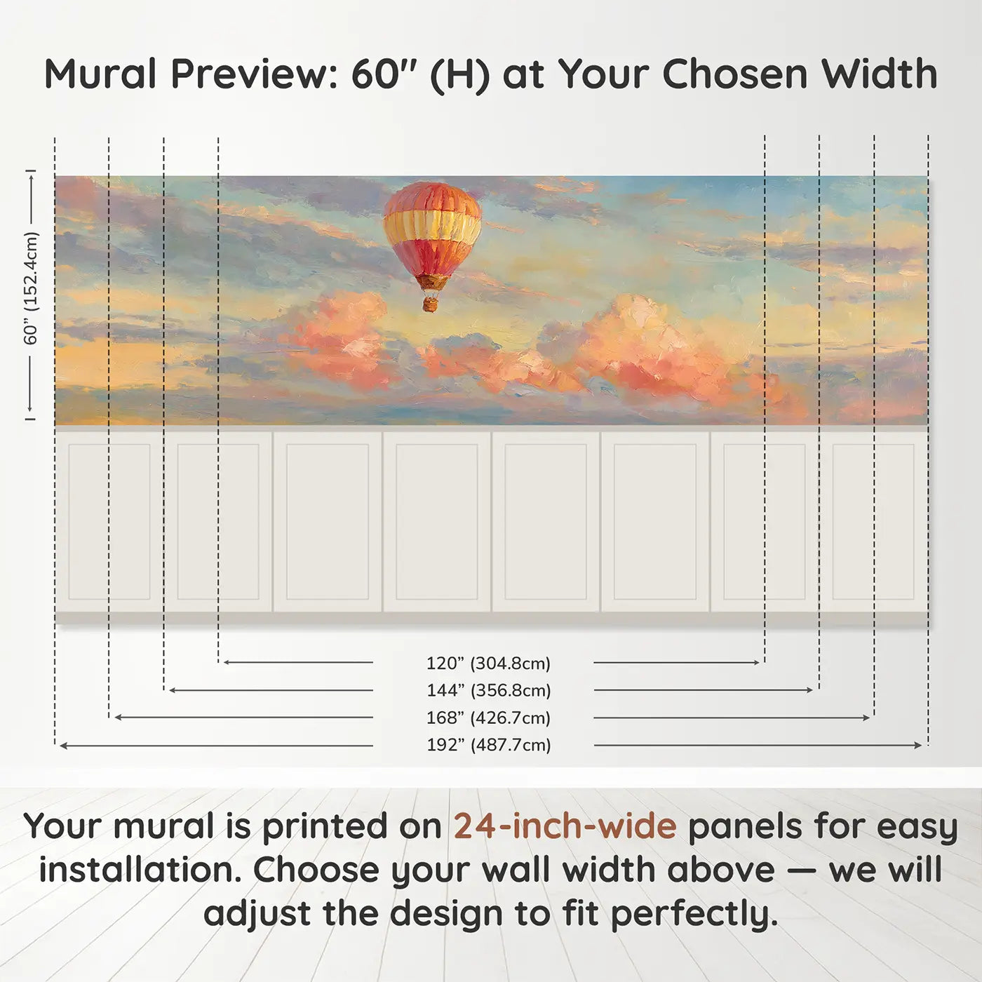 Panel dimensions for Single Balloon Sunrise Solo Wainscoting Wallpaper by Whimsy Tots