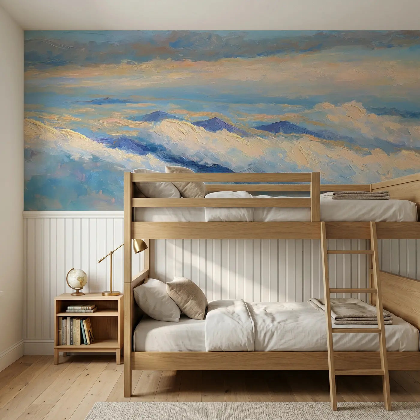 Painted Landscape cloud sea above wainscoting wallpaper for bedroom by Whimsy Tots