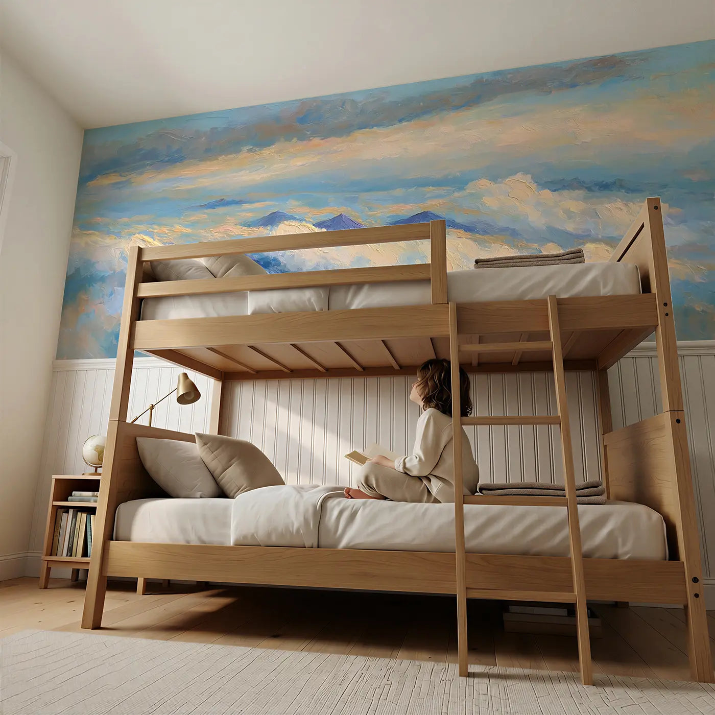 Child reading near Cloud Sea Above Landscape Wainscoting Wallpaper by Whimsy Tots