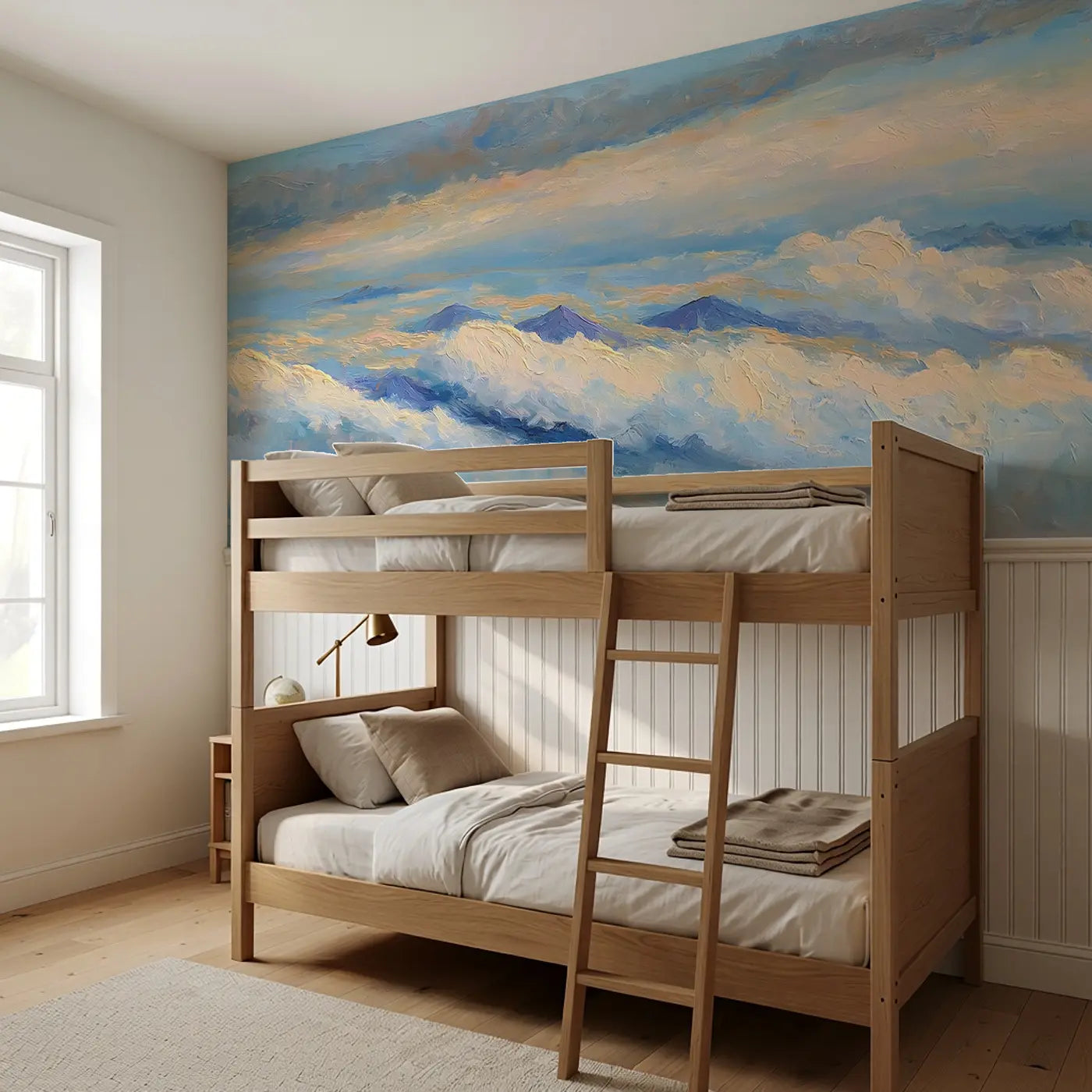 Cloud Sea Above Landscape Wainscoting Wallpaper styled in a kids bedroom by Whimsy Tots