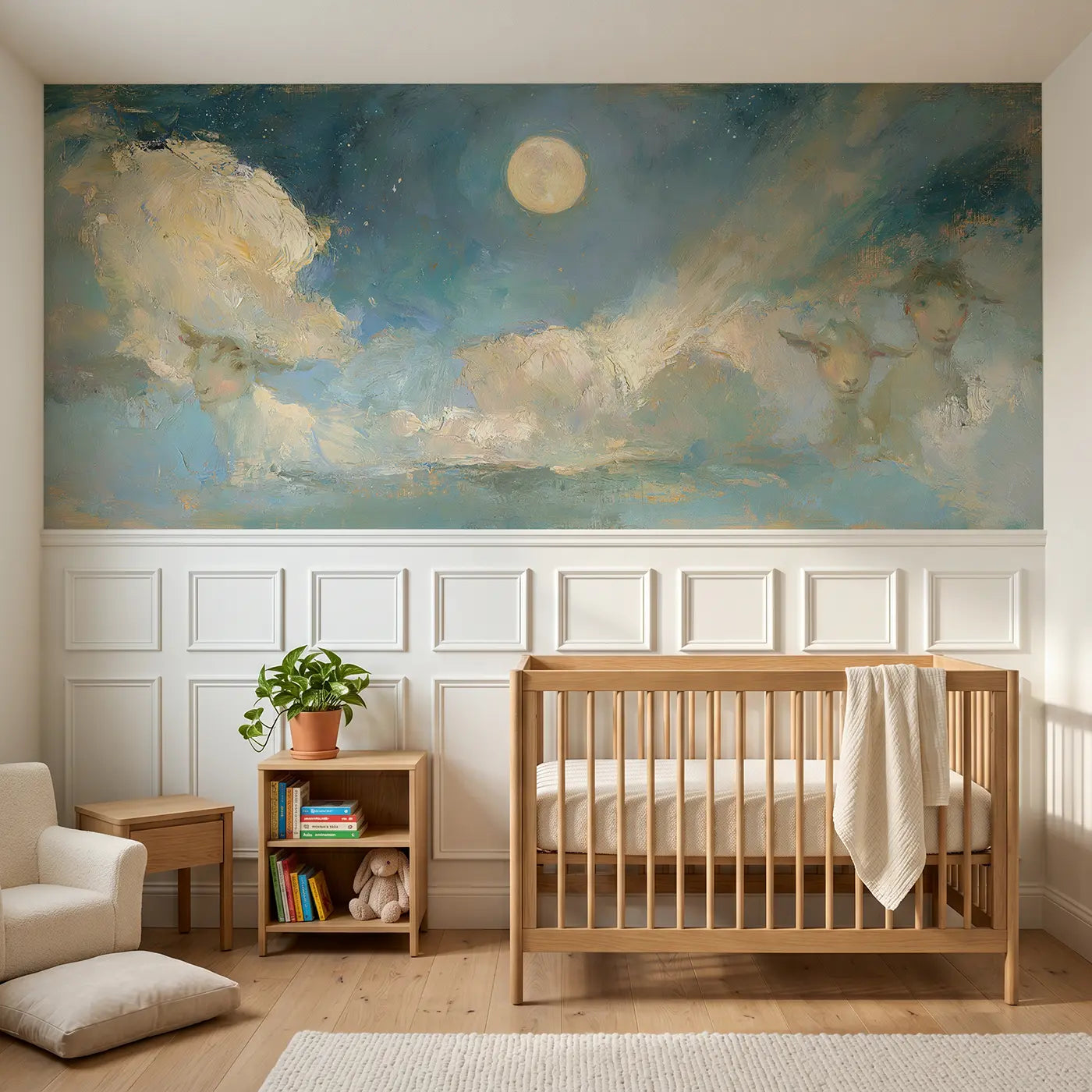 Painted Landscape moonlit cloud silver night wainscoting wallpaper for nursery by Whimsy Tots