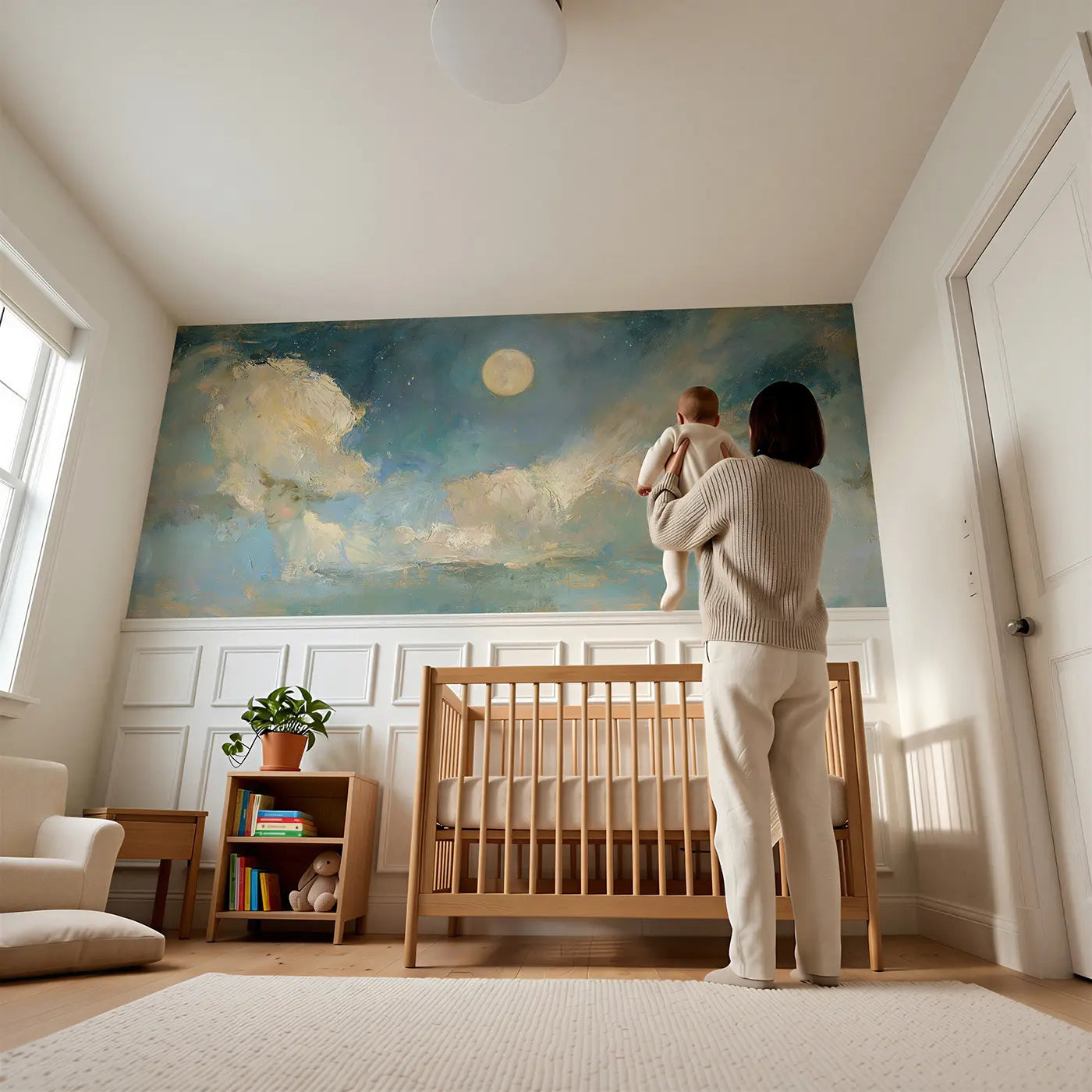Child reading near Moonlit Cloud Silver Night Wainscoting Wallpaper by Whimsy Tots