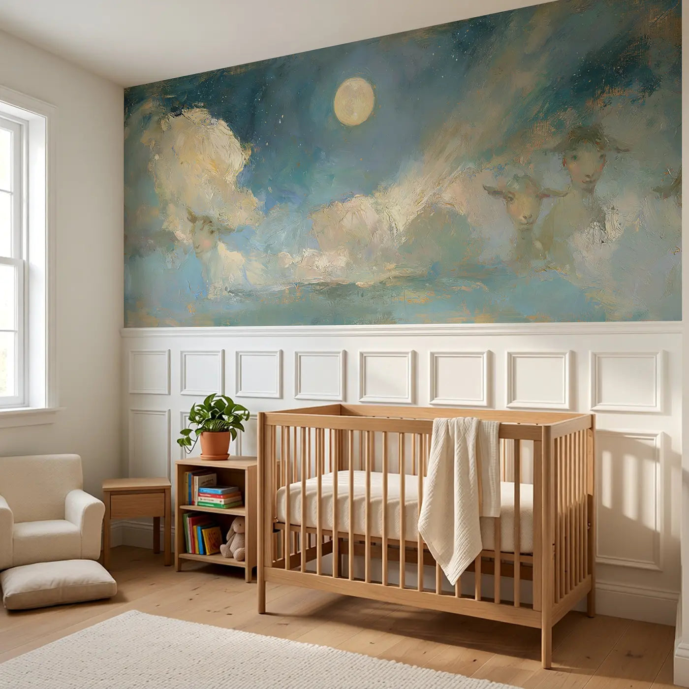 Moonlit Cloud Silver Night Wainscoting Wallpaper styled in a kids bedroom by Whimsy Tots