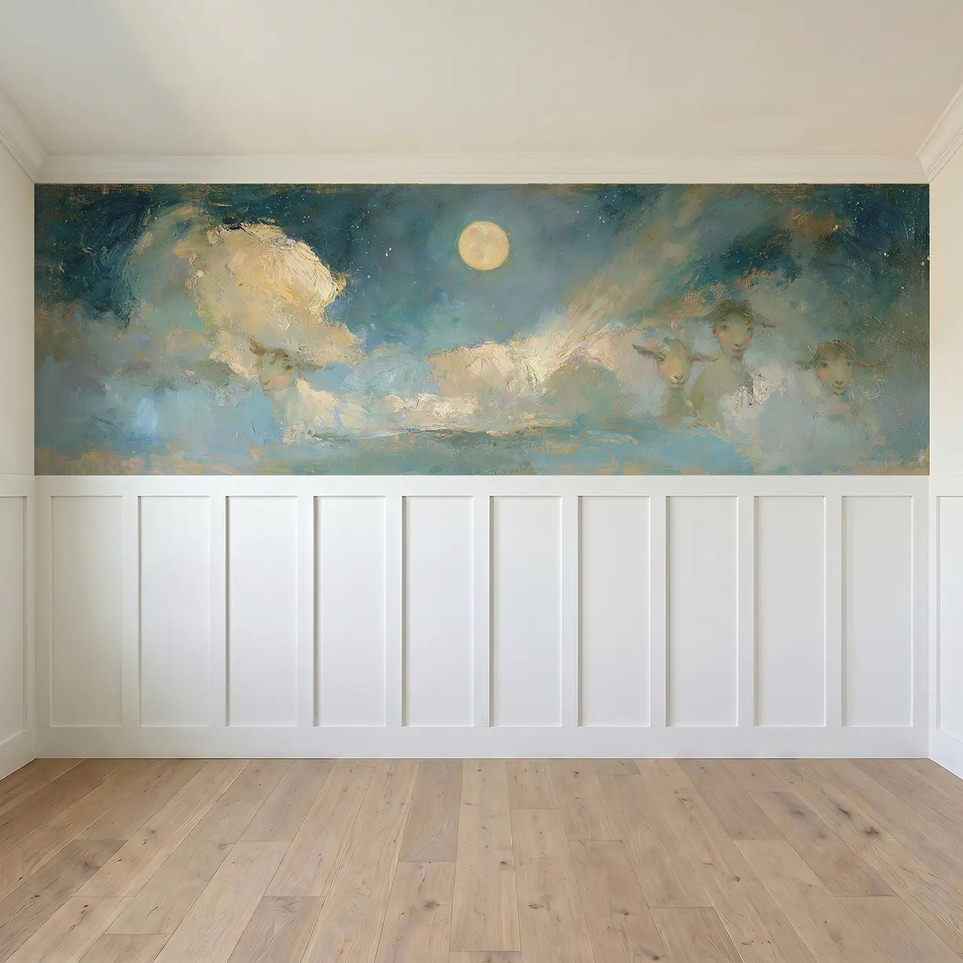 Full panel view of Moonlit Cloud Silver Night Wainscoting Wallpaper by Whimsy Tots