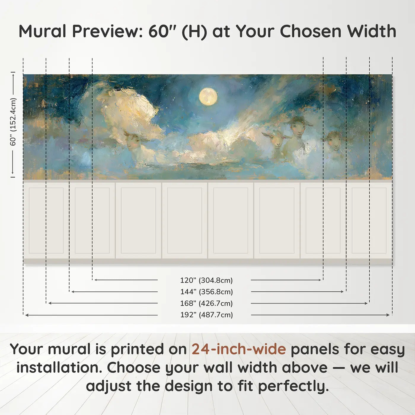 Panel dimensions for Moonlit Cloud Silver Night Wainscoting Wallpaper by Whimsy Tots