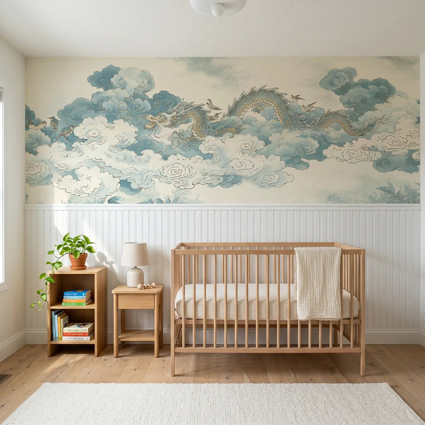 Botanical Elegance cloud dragon celestial wainscoting wallpaper for nursery by Whimsy Tots