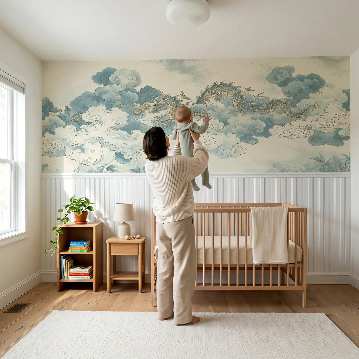 Child reading near Cloud Dragon Celestial Wainscoting Wallpaper by Whimsy Tots