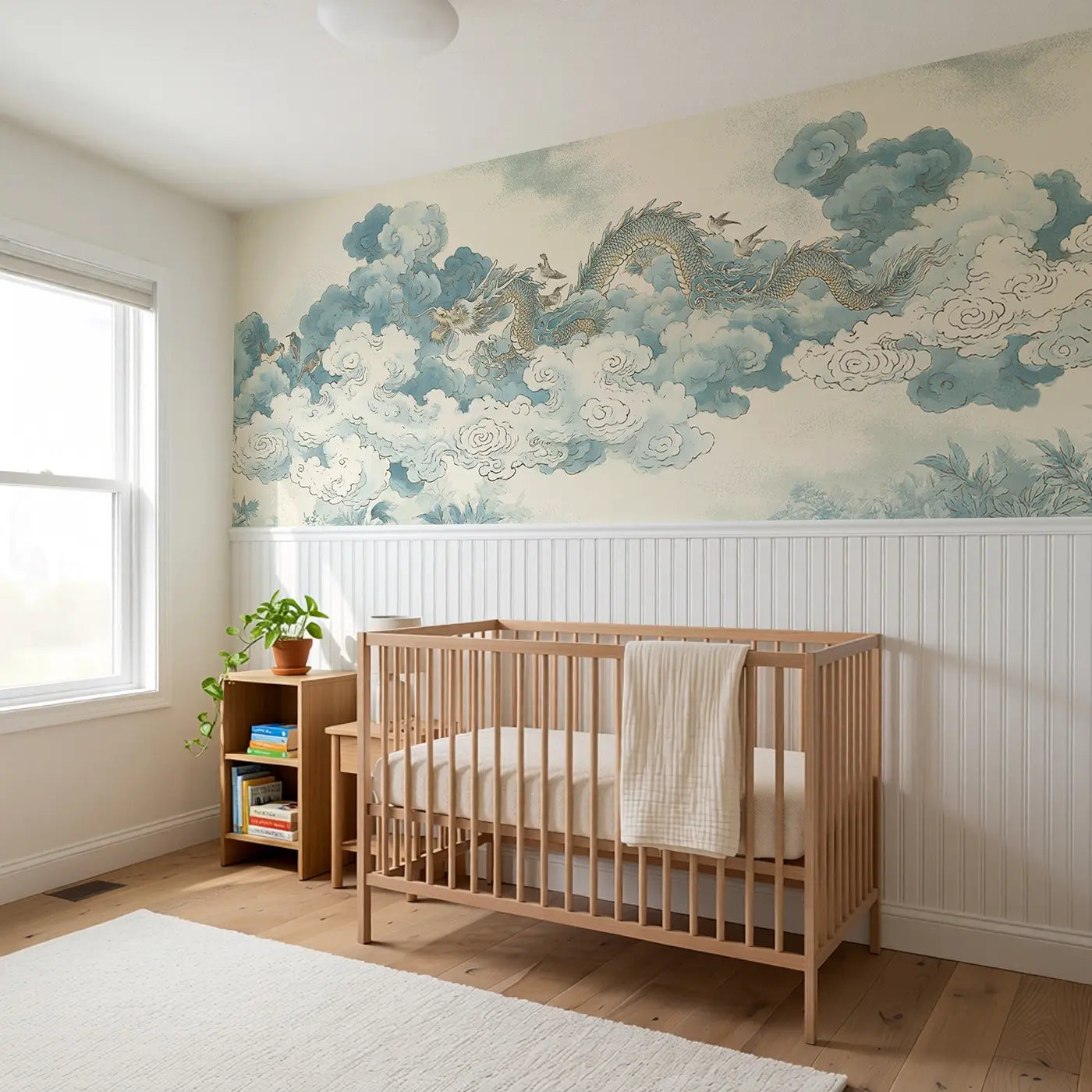 Cloud Dragon Celestial Wainscoting Wallpaper styled in a kids bedroom by Whimsy Tots