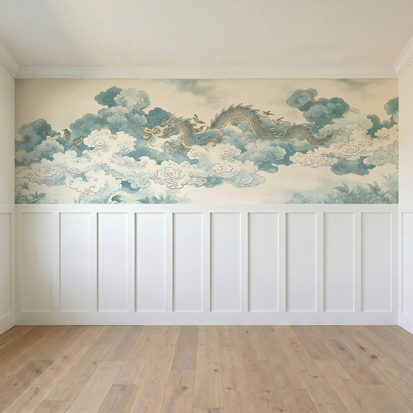 Full panel view of Cloud Dragon Celestial Wainscoting Wallpaper by Whimsy Tots