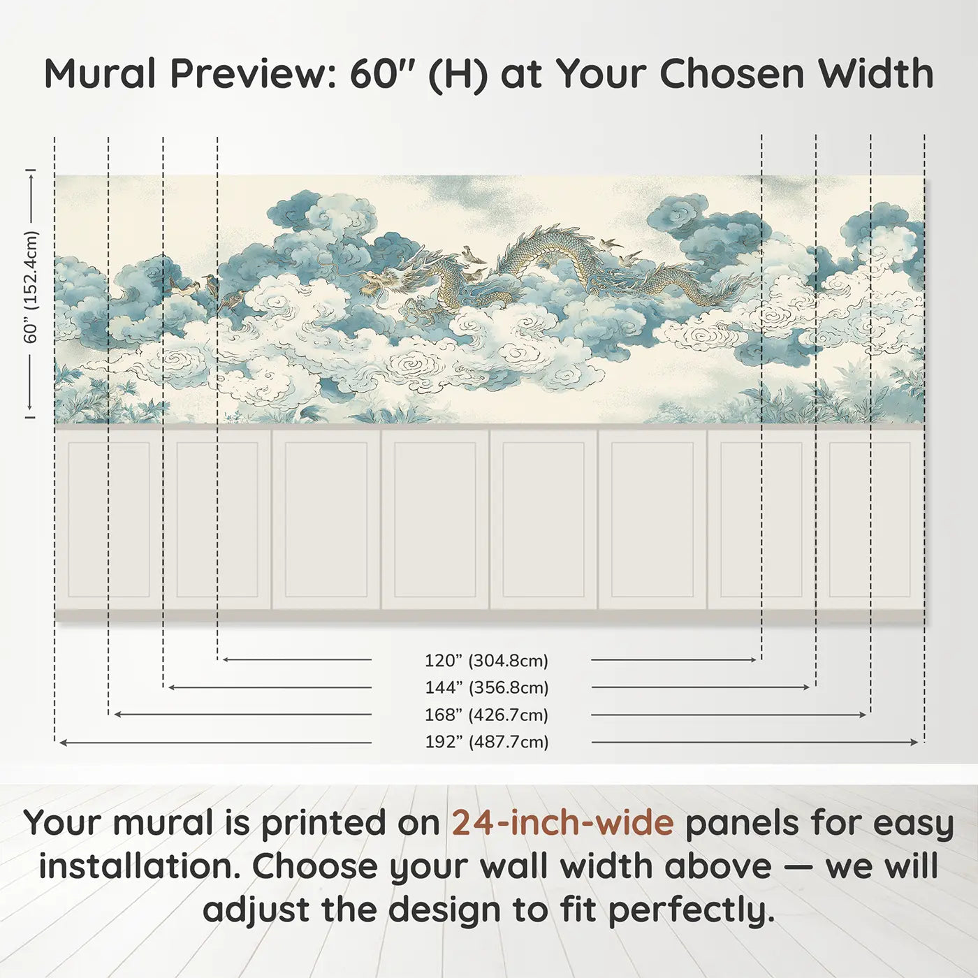 Panel dimensions for Cloud Dragon Celestial Wainscoting Wallpaper by Whimsy Tots