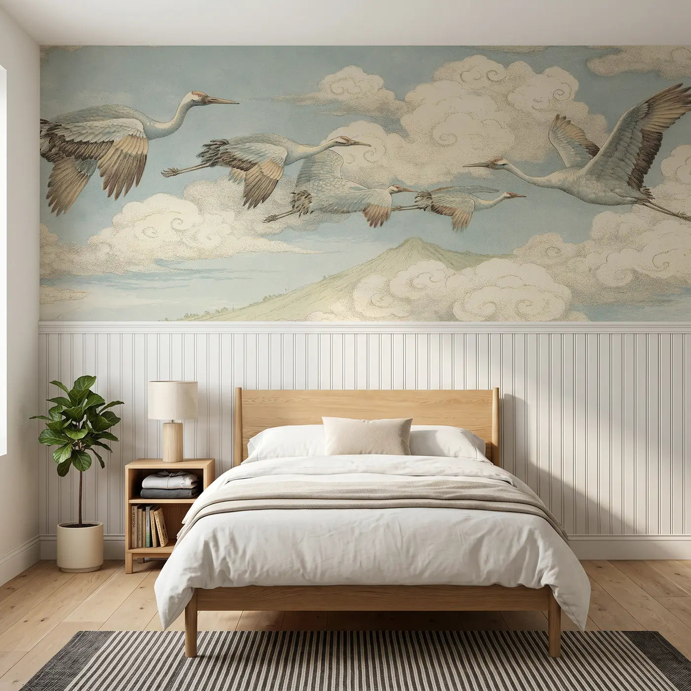 Botanical Elegance crane migration cloud path wainscoting wallpaper for bedroom by Whimsy Tots