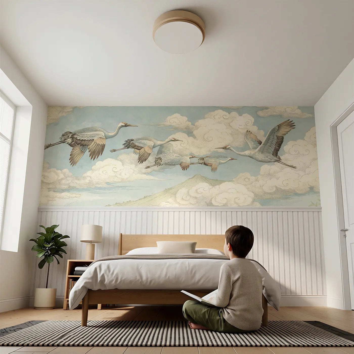 Child reading near Crane Migration Cloud Path Wainscoting Wallpaper by Whimsy Tots