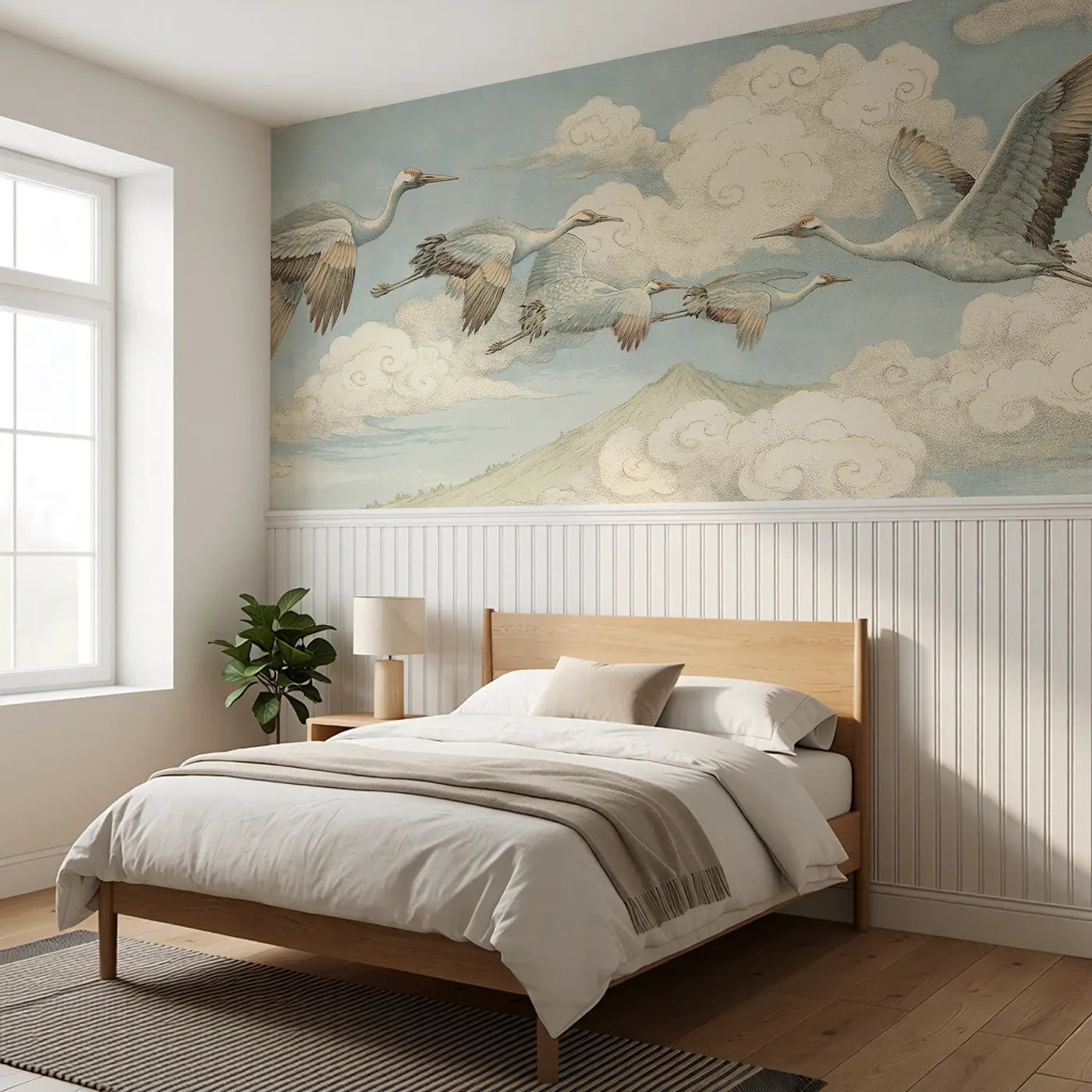 Crane Migration Cloud Path Wainscoting Wallpaper styled in a kids bedroom by Whimsy Tots