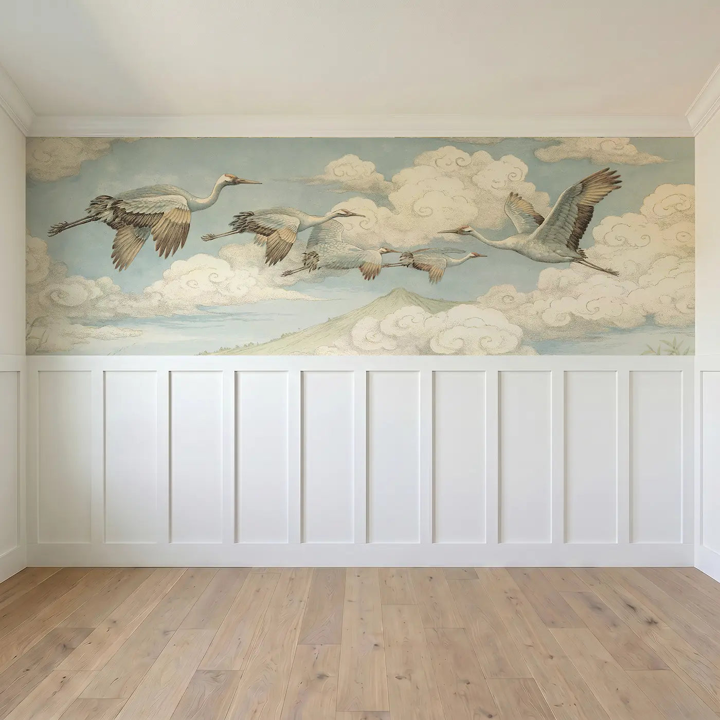 Full panel view of Crane Migration Cloud Path Wainscoting Wallpaper by Whimsy Tots