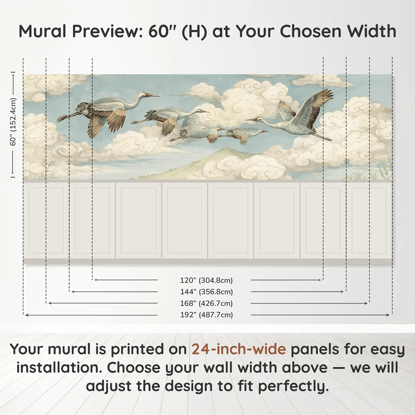 Panel dimensions for Crane Migration Cloud Path Wainscoting Wallpaper by Whimsy Tots