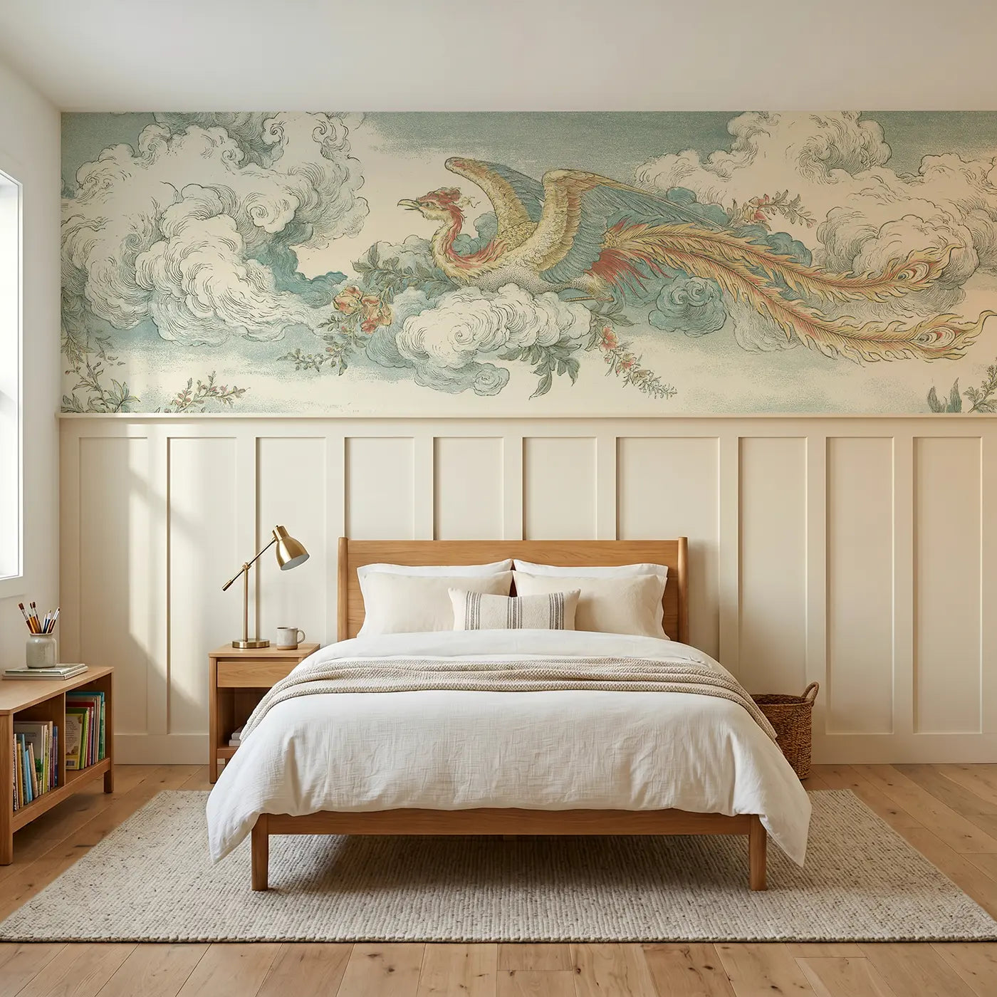 Botanical Elegance phoenix cloud garden wainscoting wallpaper for bedroom by Whimsy Tots