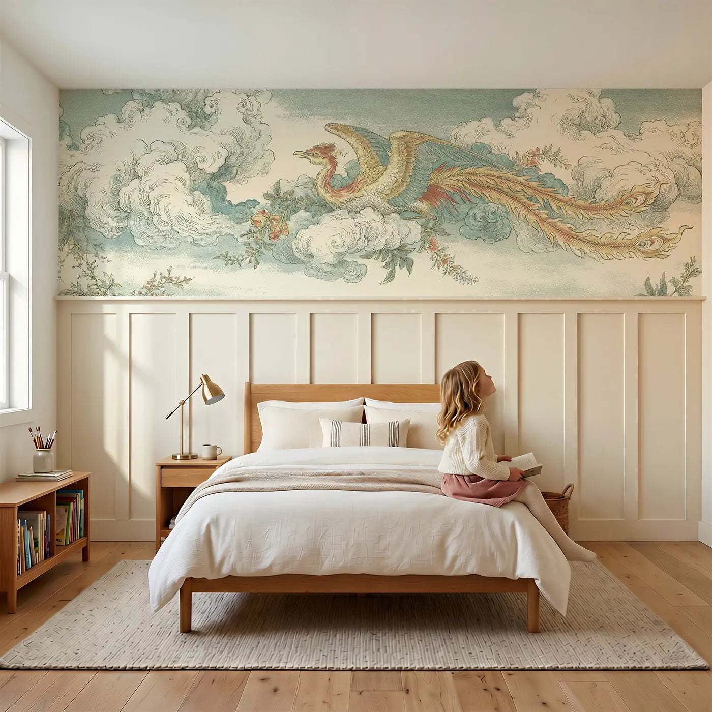 Child reading near Phoenix Cloud Garden Wainscoting Wallpaper by Whimsy Tots