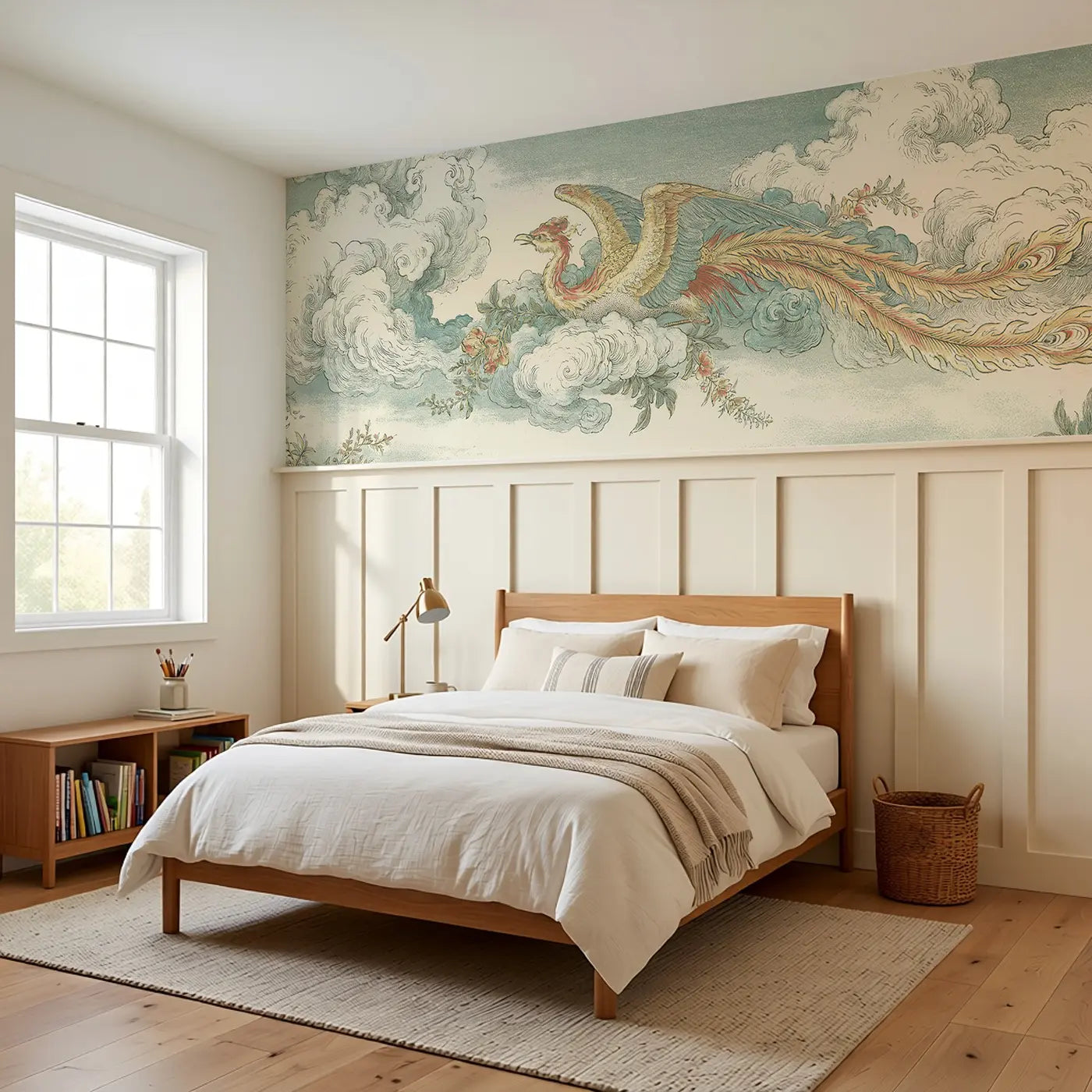 Phoenix Cloud Garden Wainscoting Wallpaper styled in a kids bedroom by Whimsy Tots