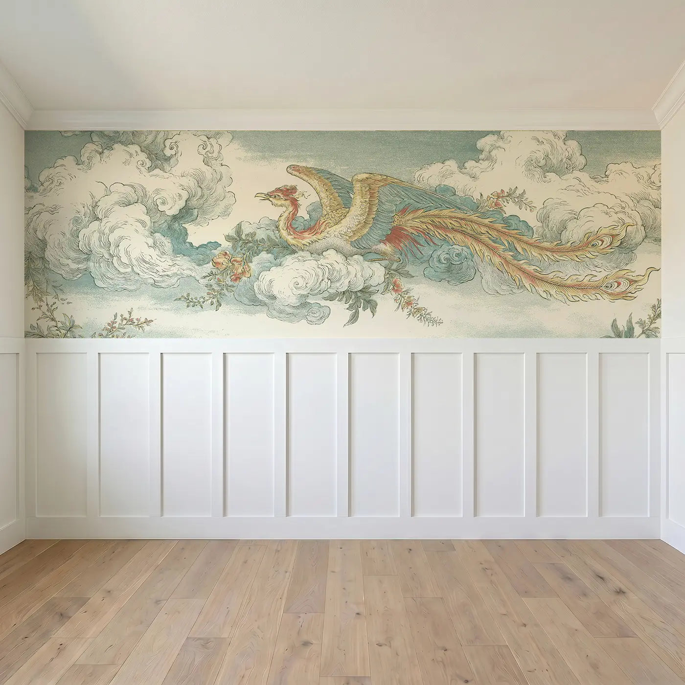 Full panel view of Phoenix Cloud Garden Wainscoting Wallpaper by Whimsy Tots