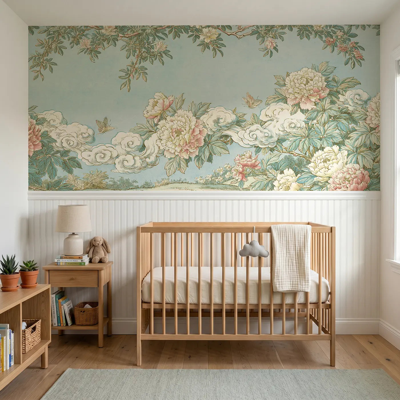 Botanical Elegance sky peony cascade wainscoting wallpaper for nursery by Whimsy Tots