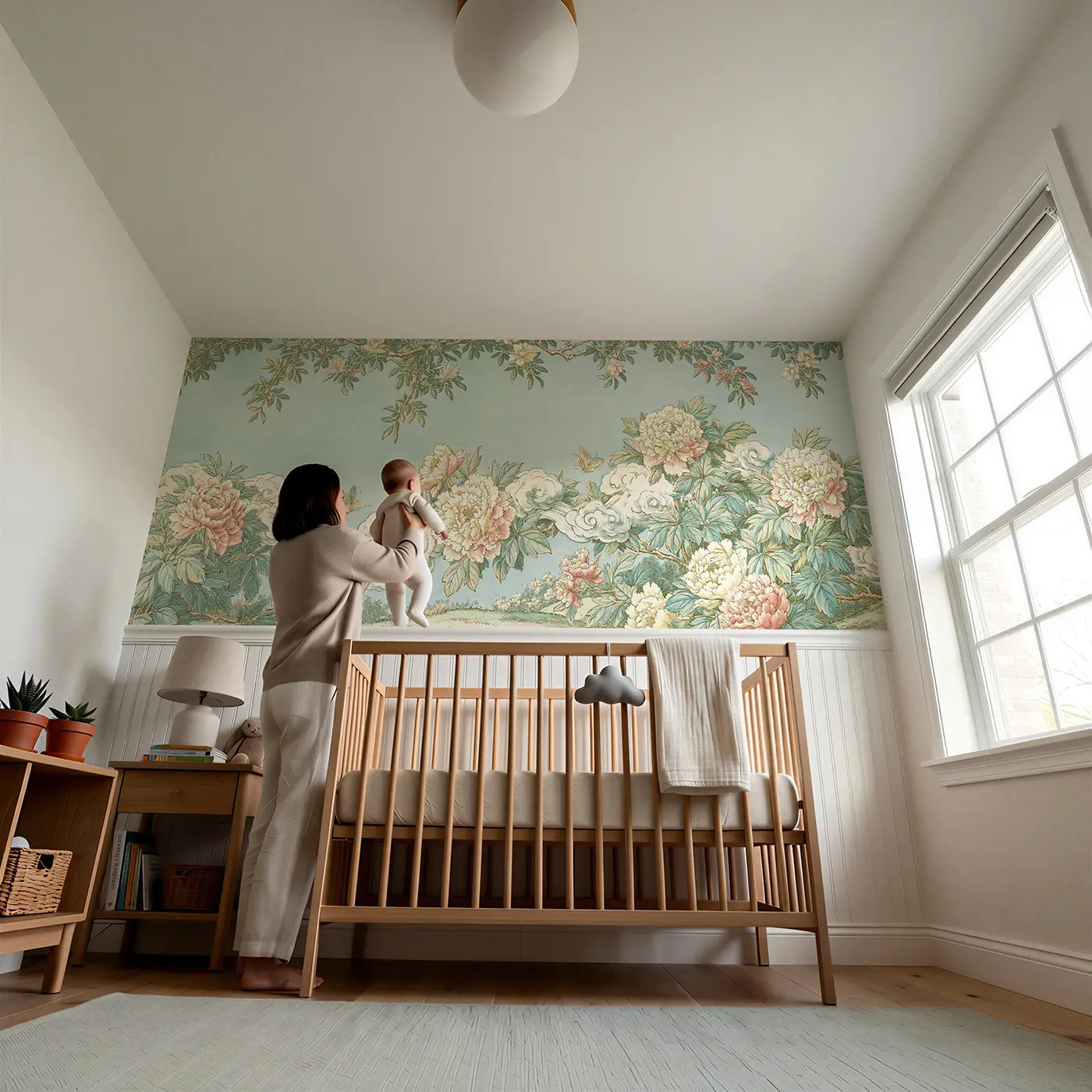 Child reading near Sky Peony Cascade Wainscoting Wallpaper by Whimsy Tots