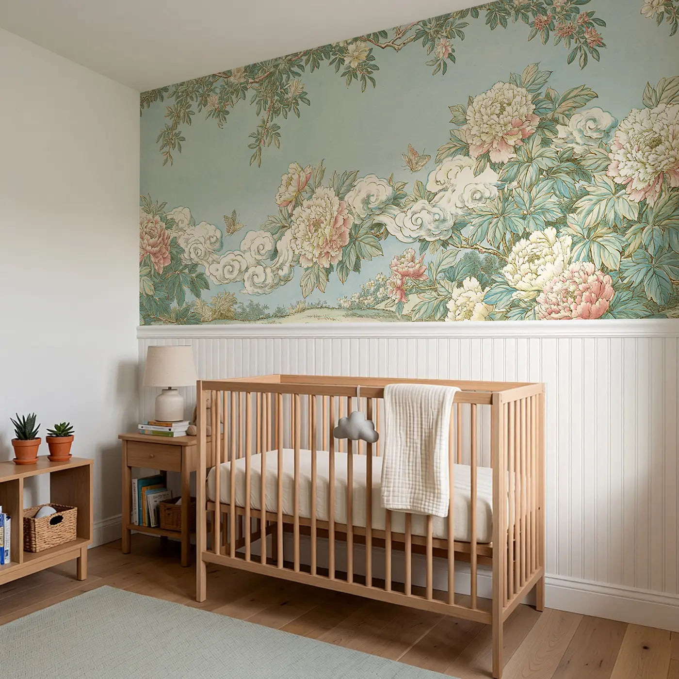 Sky Peony Cascade Wainscoting Wallpaper styled in a kids bedroom by Whimsy Tots