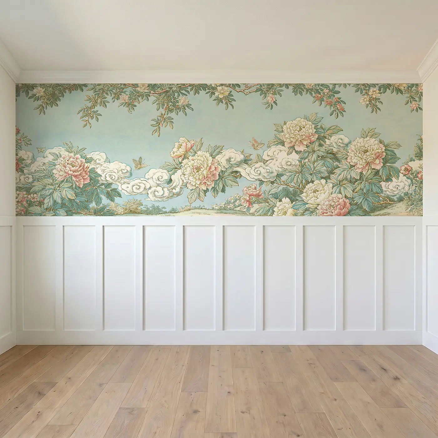 Full panel view of Sky Peony Cascade Wainscoting Wallpaper by Whimsy Tots