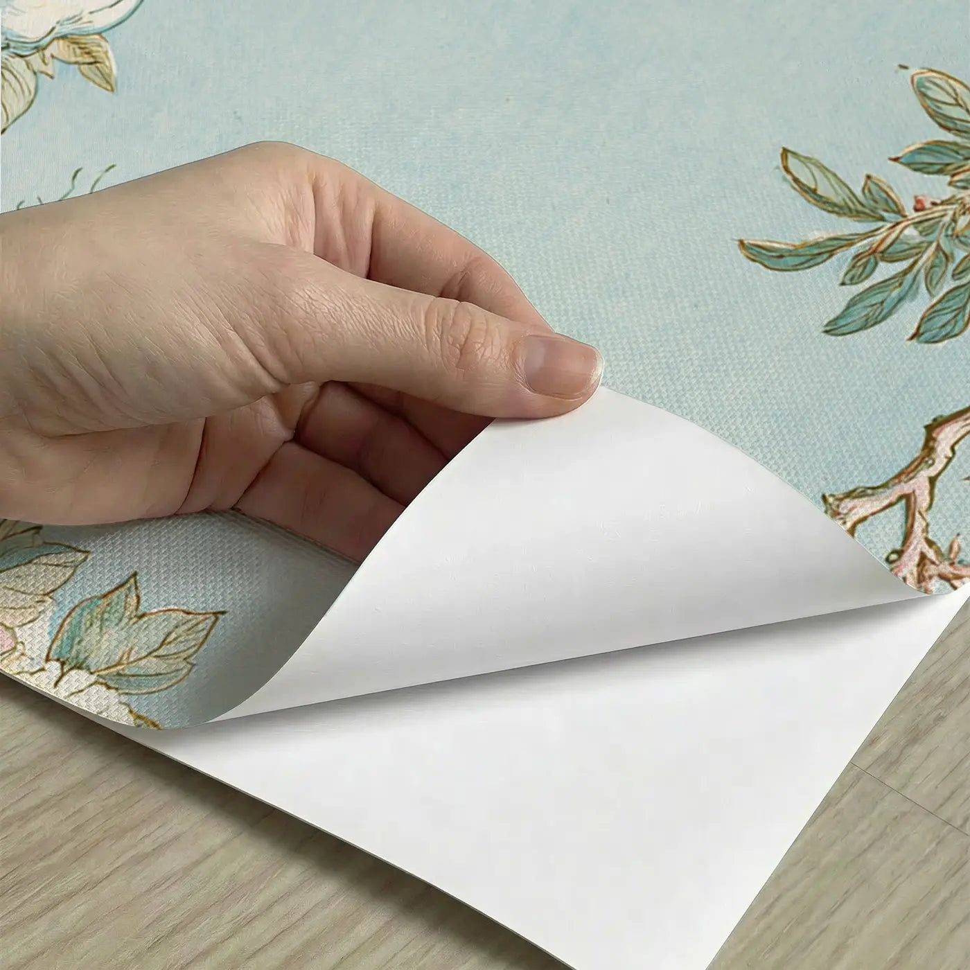 Peel-and-stick detail of Sky Peony Cascade Wainscoting Wallpaper by Whimsy Tots