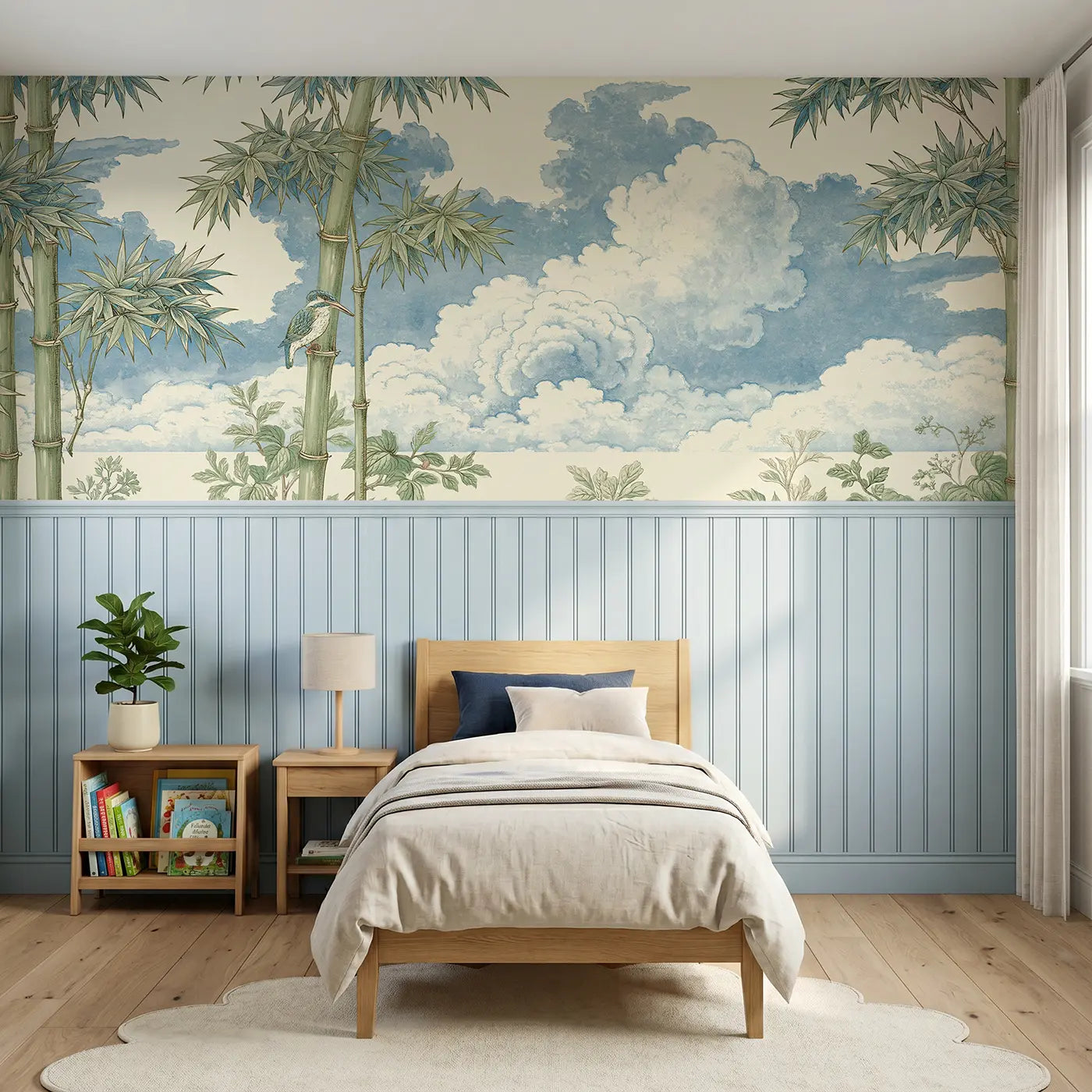 Botanical Elegance bamboo cloud window wainscoting wallpaper for bedroom by Whimsy Tots