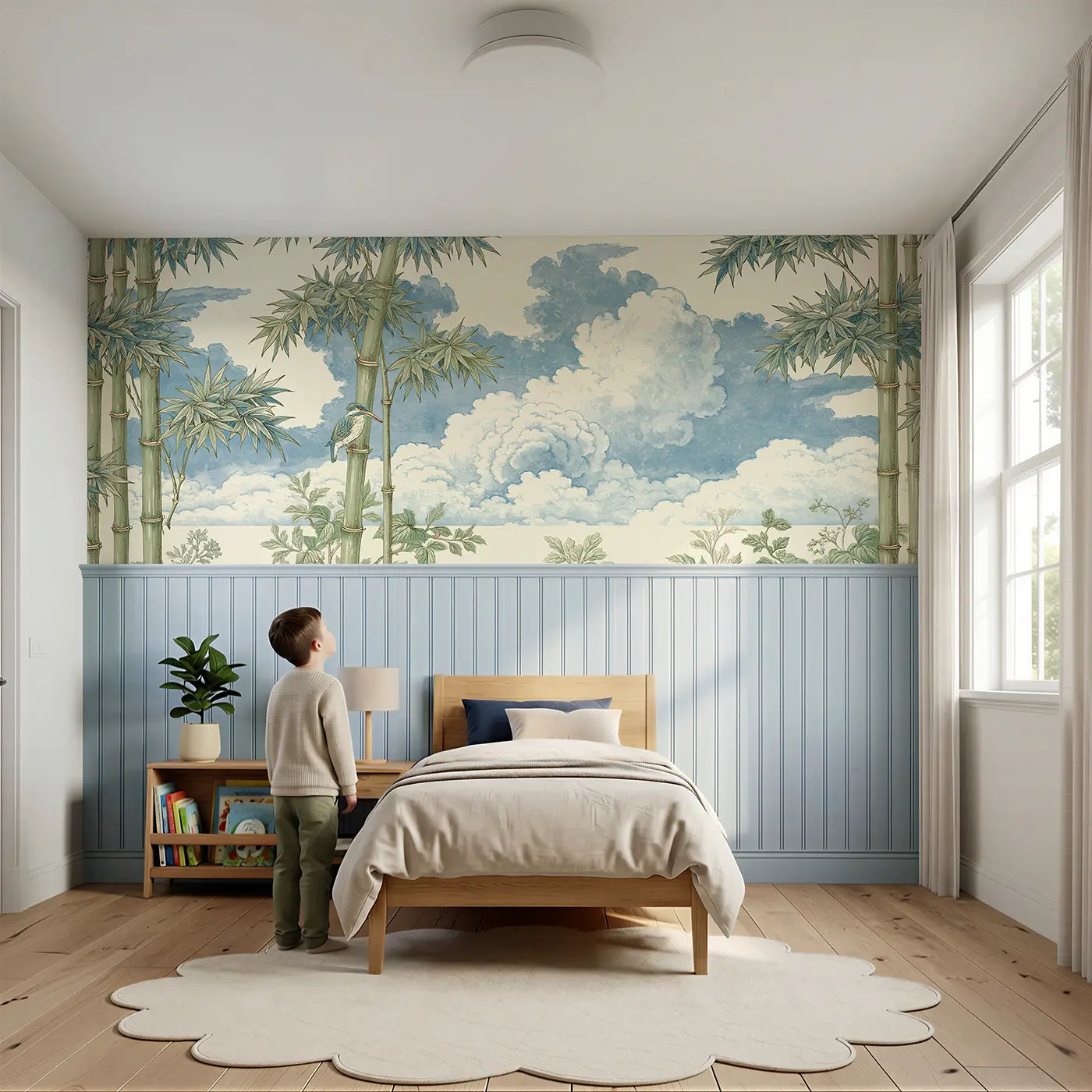 Child reading near Bamboo Cloud Window Wainscoting Wallpaper by Whimsy Tots
