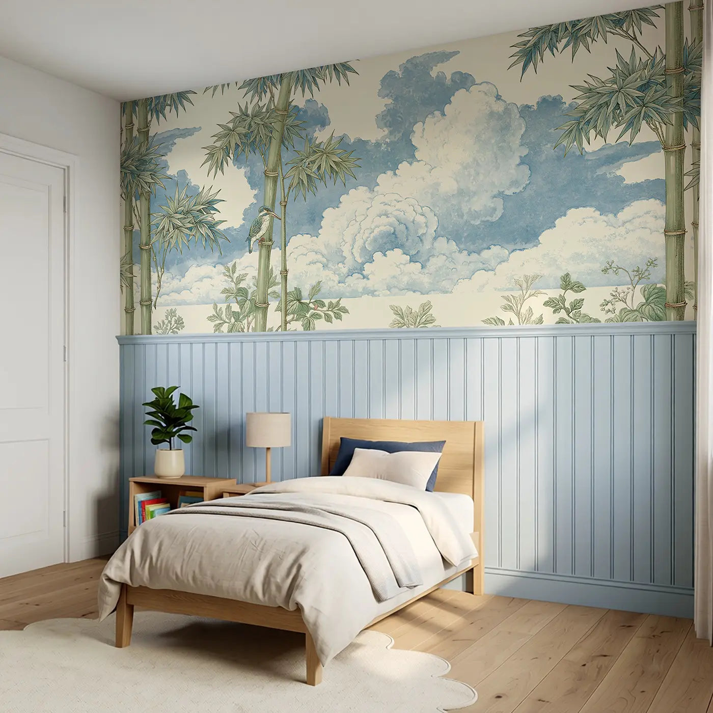 Bamboo Cloud Window Wainscoting Wallpaper styled in a kids bedroom by Whimsy Tots
