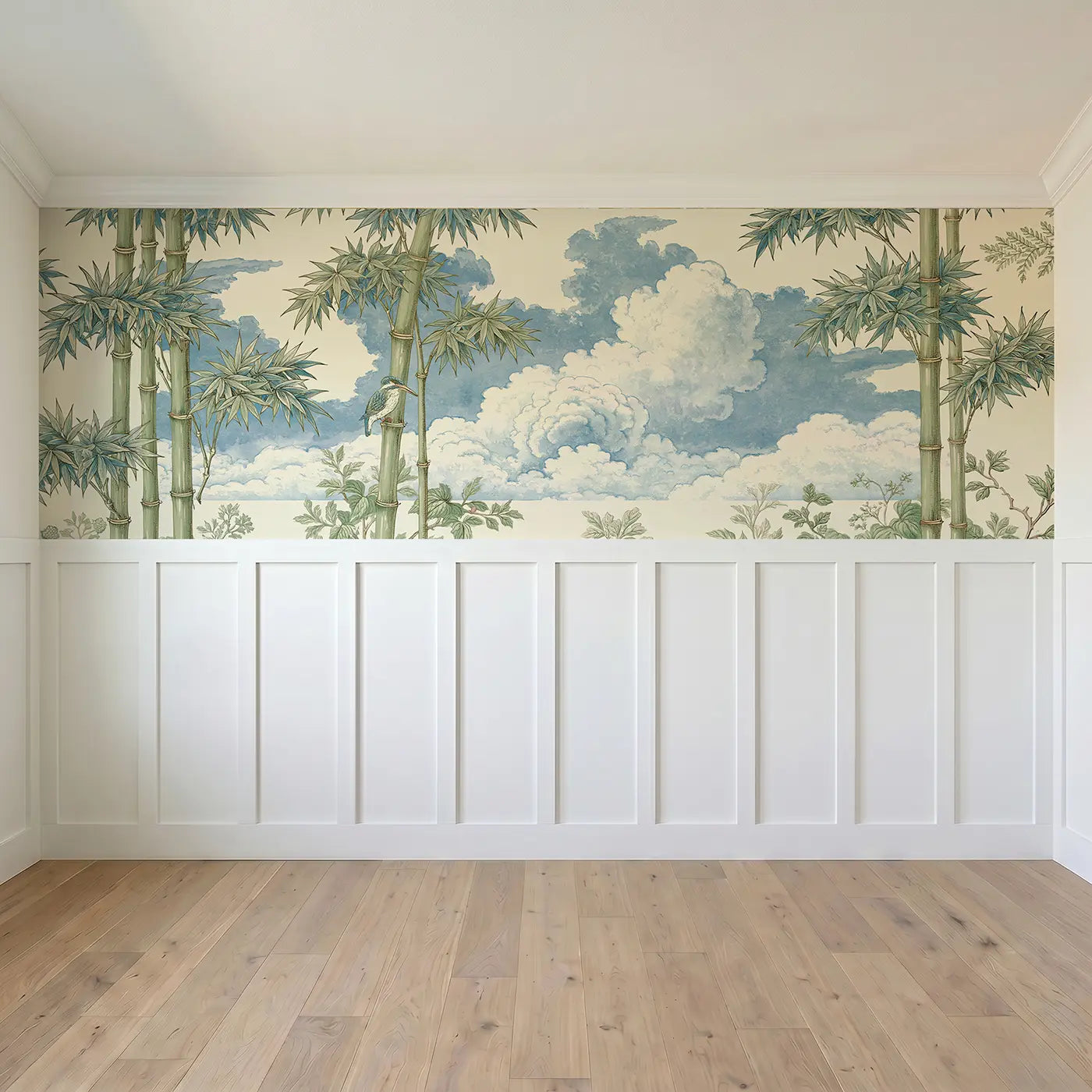 Full panel view of Bamboo Cloud Window Wainscoting Wallpaper by Whimsy Tots