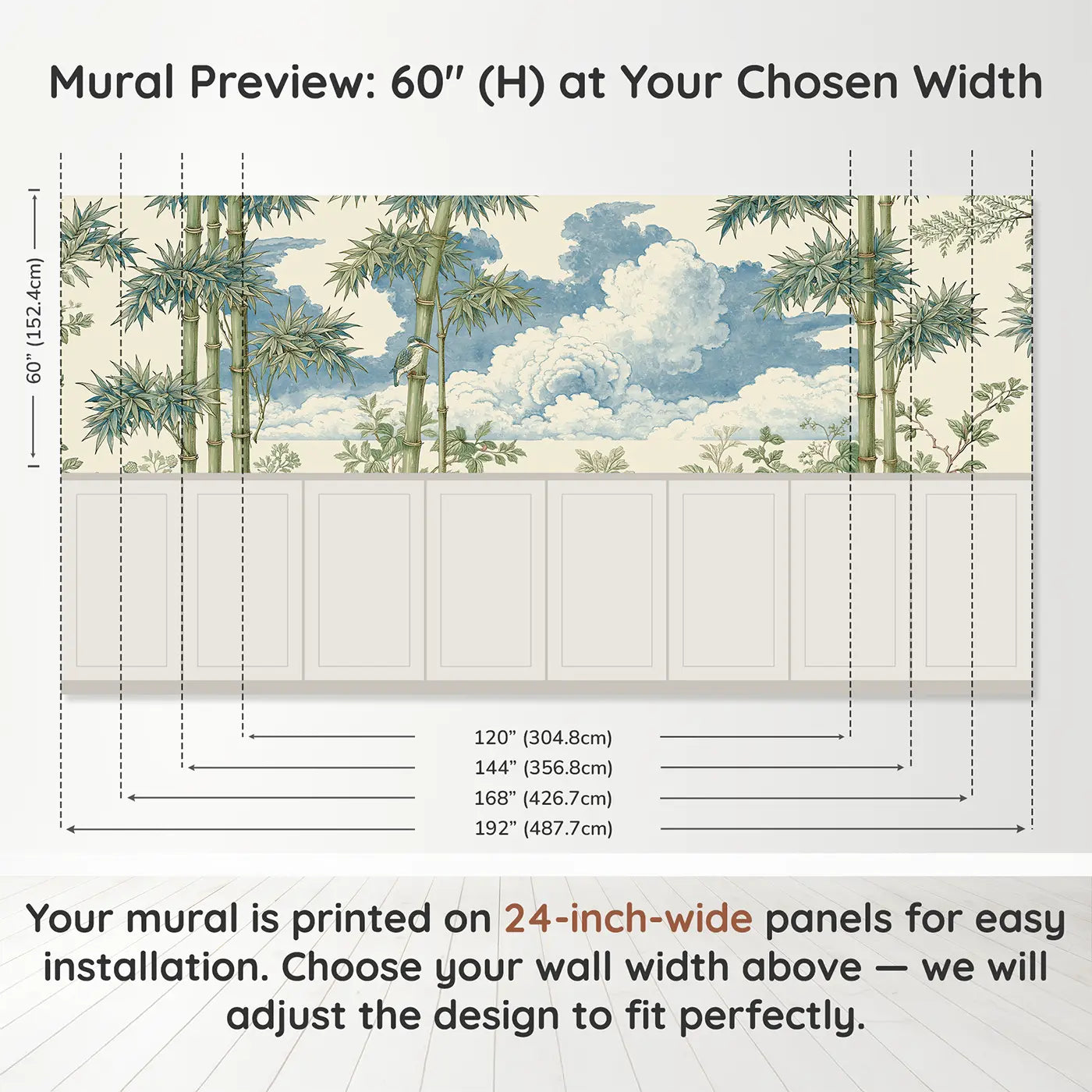 Panel dimensions for Bamboo Cloud Window Wainscoting Wallpaper by Whimsy Tots