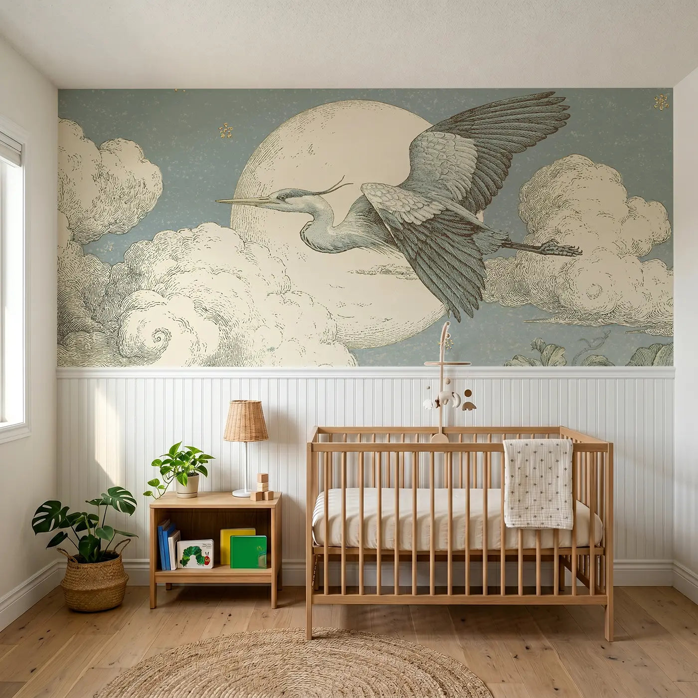 Botanical Elegance moon cloud heron night wainscoting wallpaper for nursery by Whimsy Tots