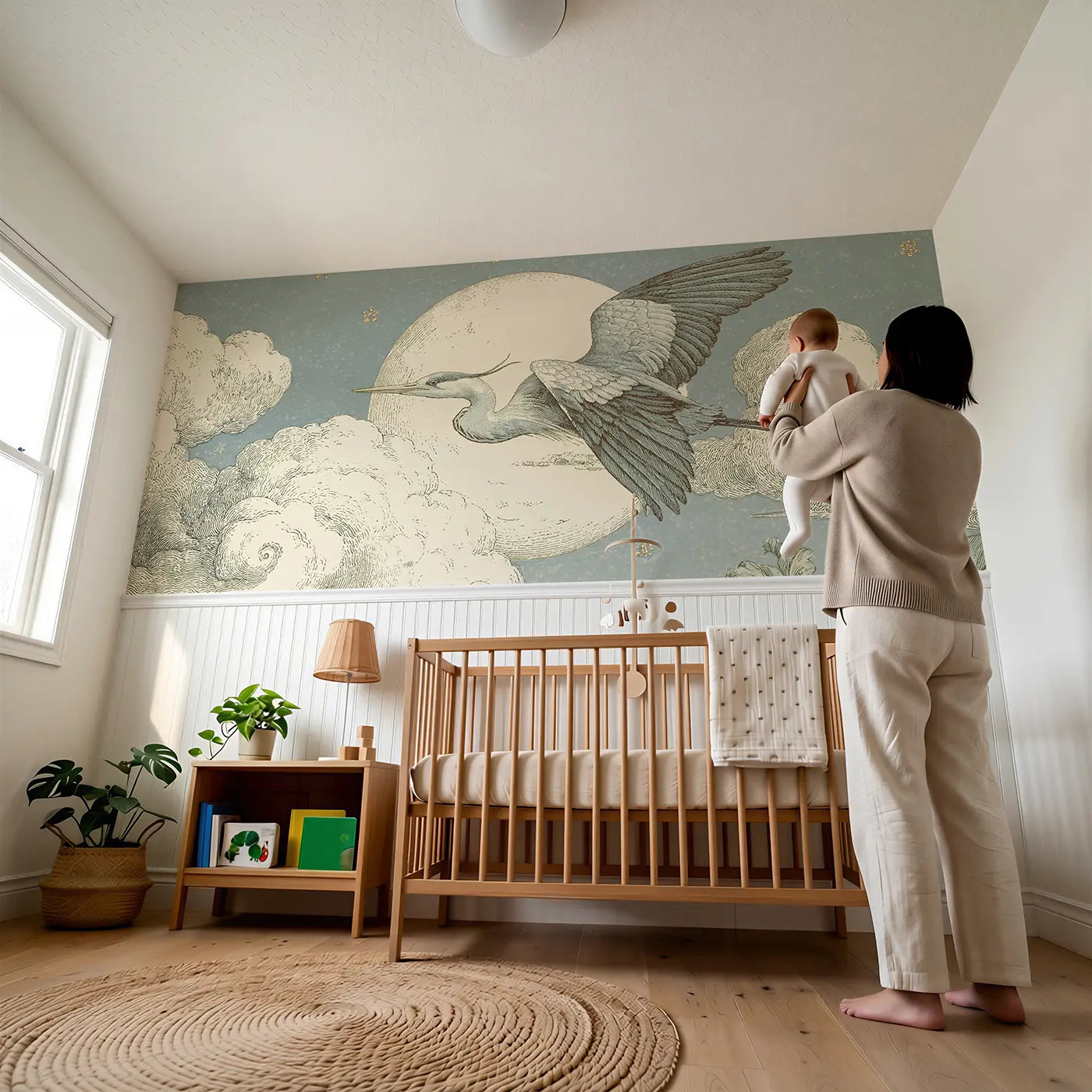 Child reading near Moon Cloud Heron Night Wainscoting Wallpaper by Whimsy Tots