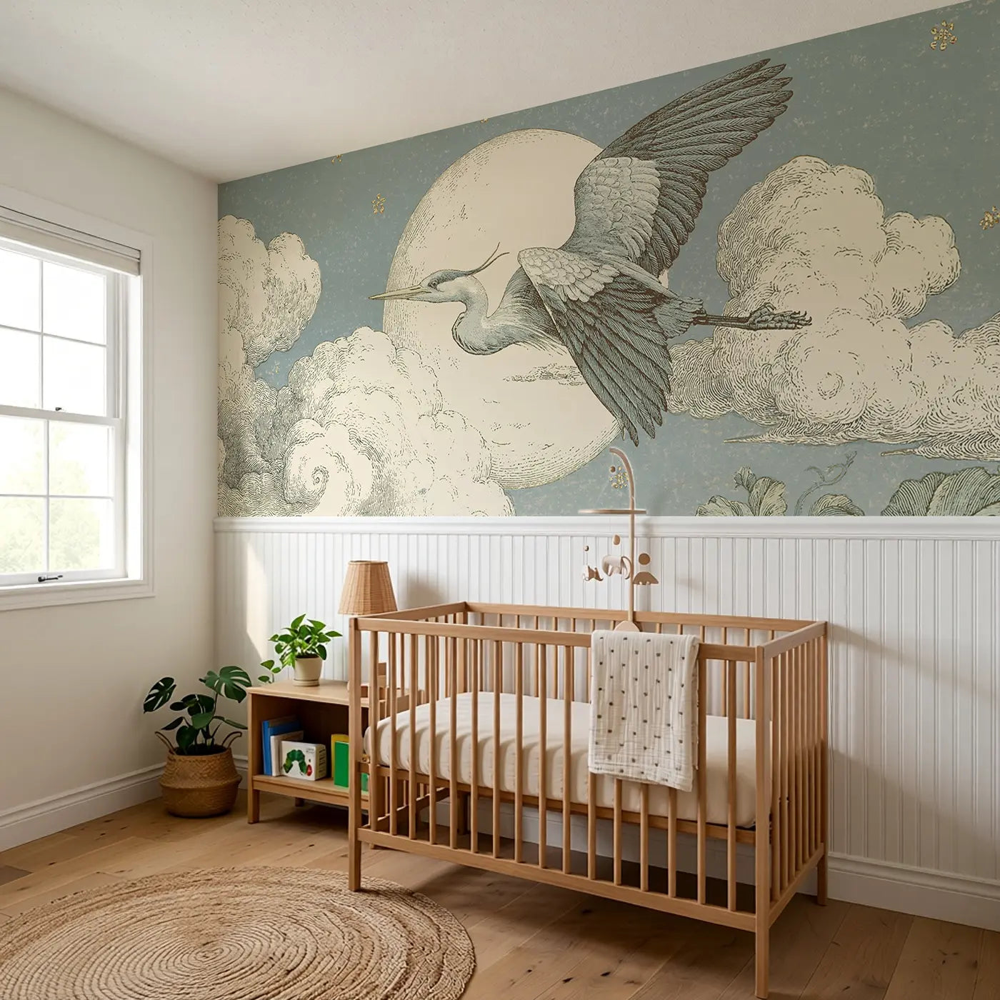 Moon Cloud Heron Night Wainscoting Wallpaper styled in a kids bedroom by Whimsy Tots