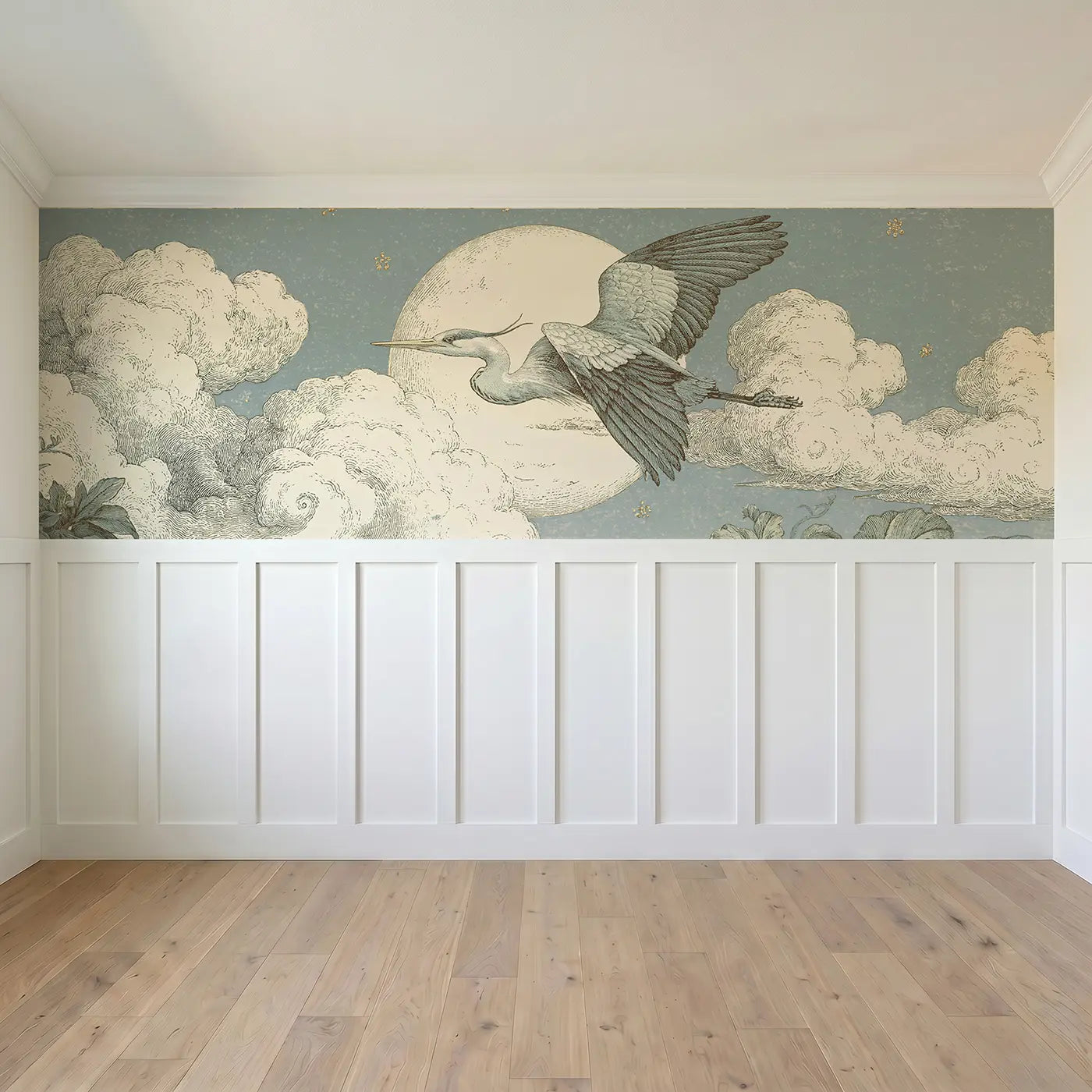 Full panel view of Moon Cloud Heron Night Wainscoting Wallpaper by Whimsy Tots