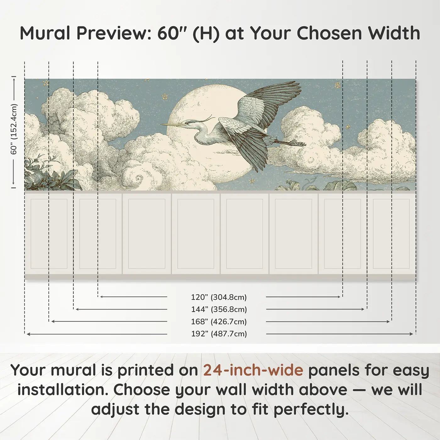 Panel dimensions for Moon Cloud Heron Night Wainscoting Wallpaper by Whimsy Tots