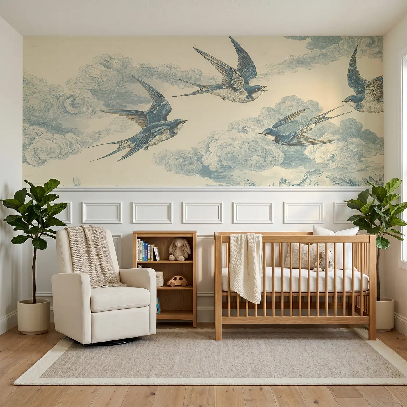 Botanical Elegance swallow cloud dance pattern wainscoting wallpaper for nursery by Whimsy Tots