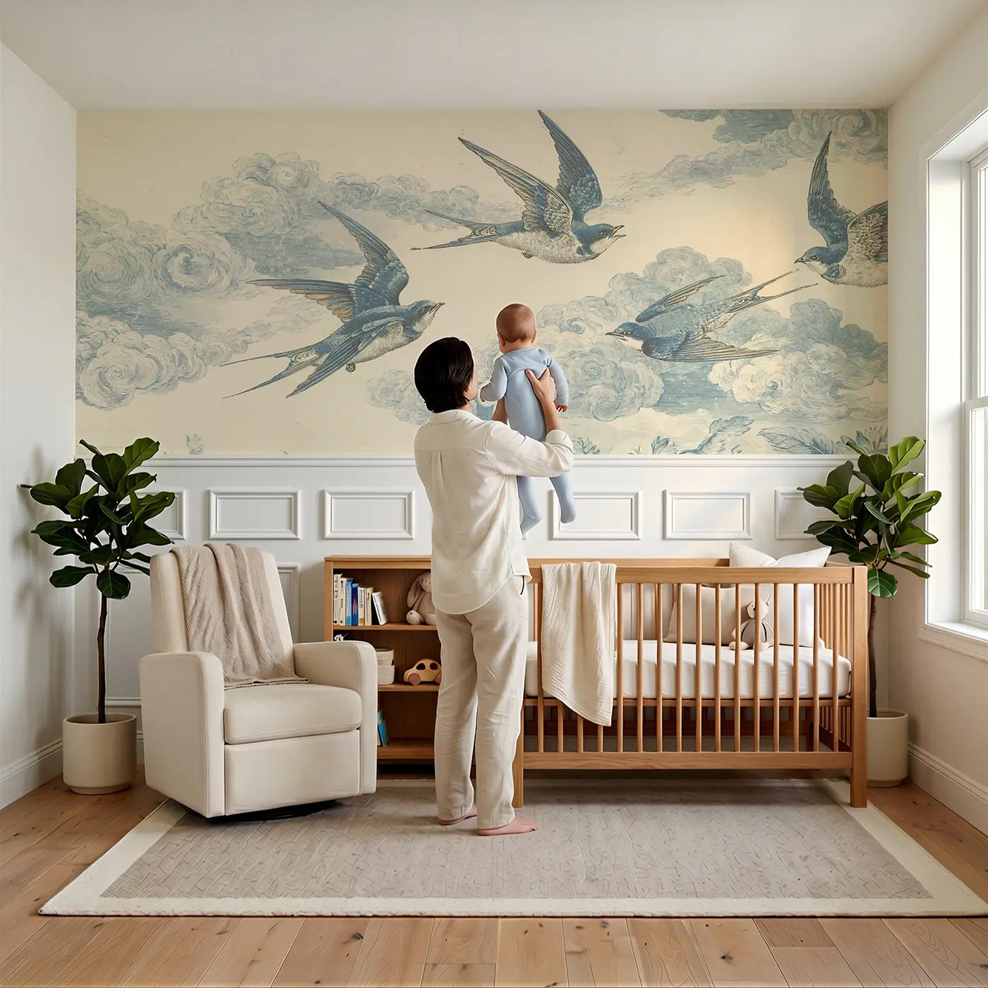 Child reading near Swallow Cloud Dance Pattern Wainscoting Wallpaper by Whimsy Tots