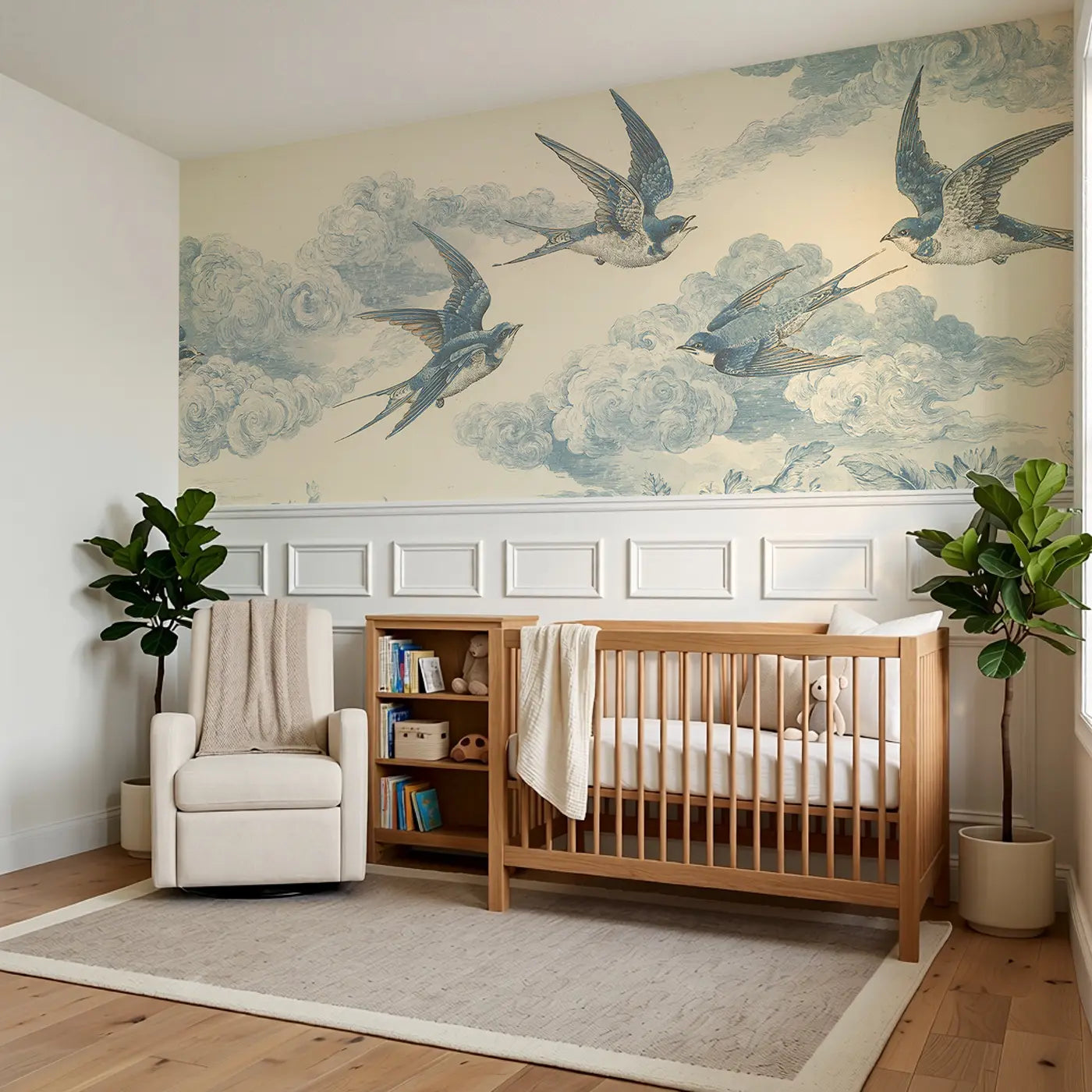 Swallow Cloud Dance Pattern Wainscoting Wallpaper styled in a kids bedroom by Whimsy Tots