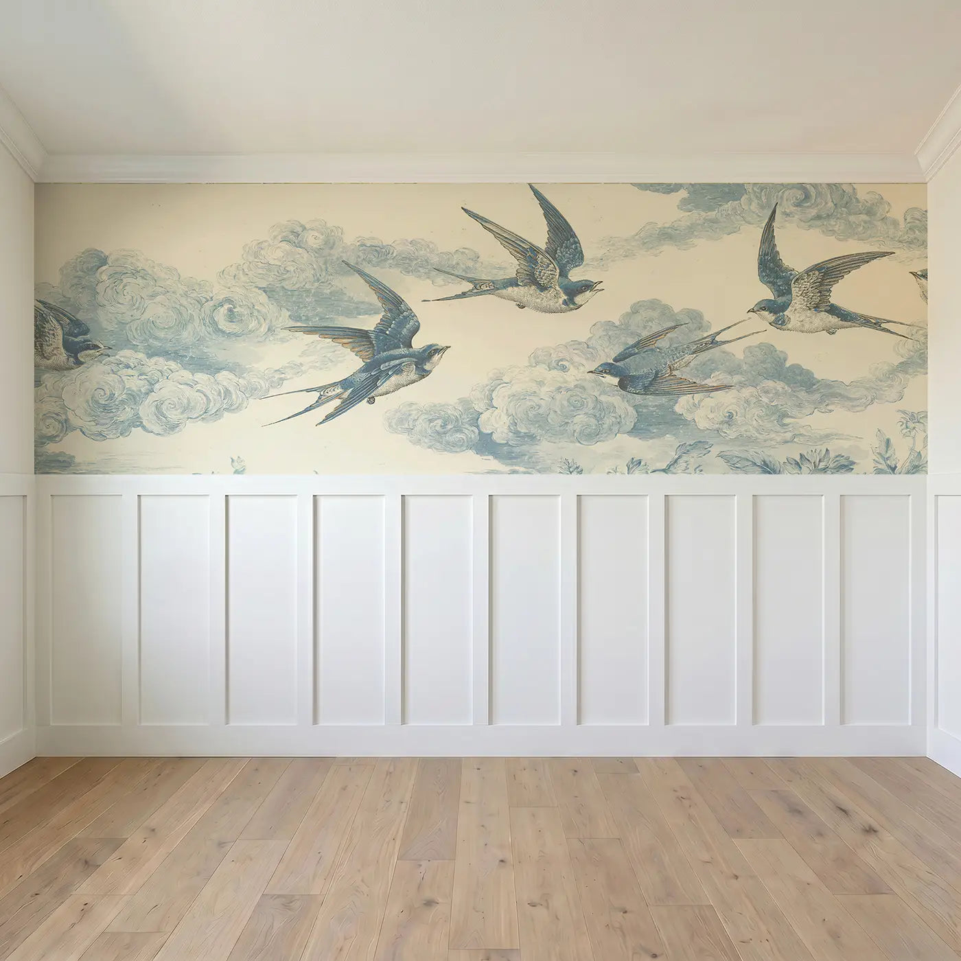 Full panel view of Swallow Cloud Dance Pattern Wainscoting Wallpaper by Whimsy Tots