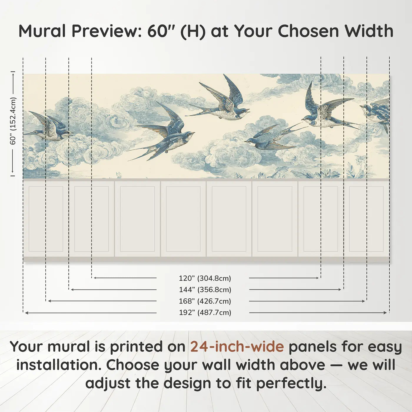 Panel dimensions for Swallow Cloud Dance Pattern Wainscoting Wallpaper by Whimsy Tots