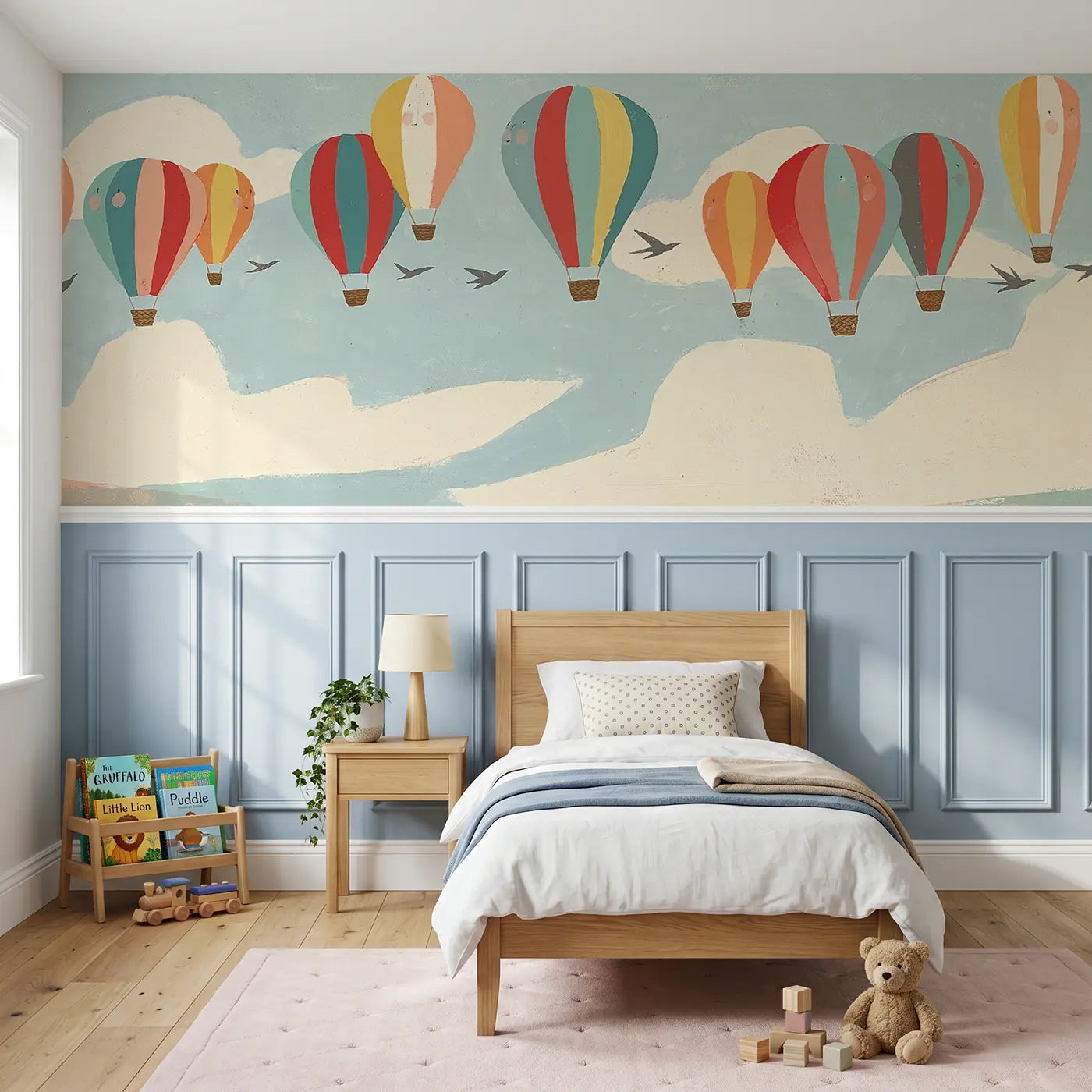 Modern Illustration graphic balloon parade wainscoting wallpaper for nursery by Whimsy Tots