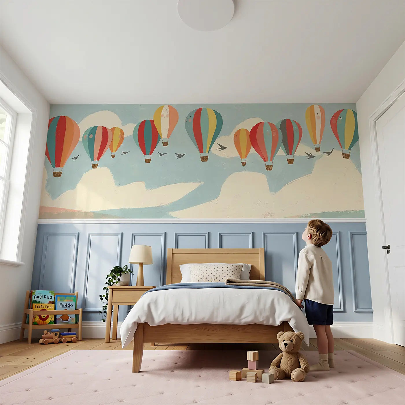 Child reading near Graphic Balloon Parade Wainscoting Wallpaper by Whimsy Tots