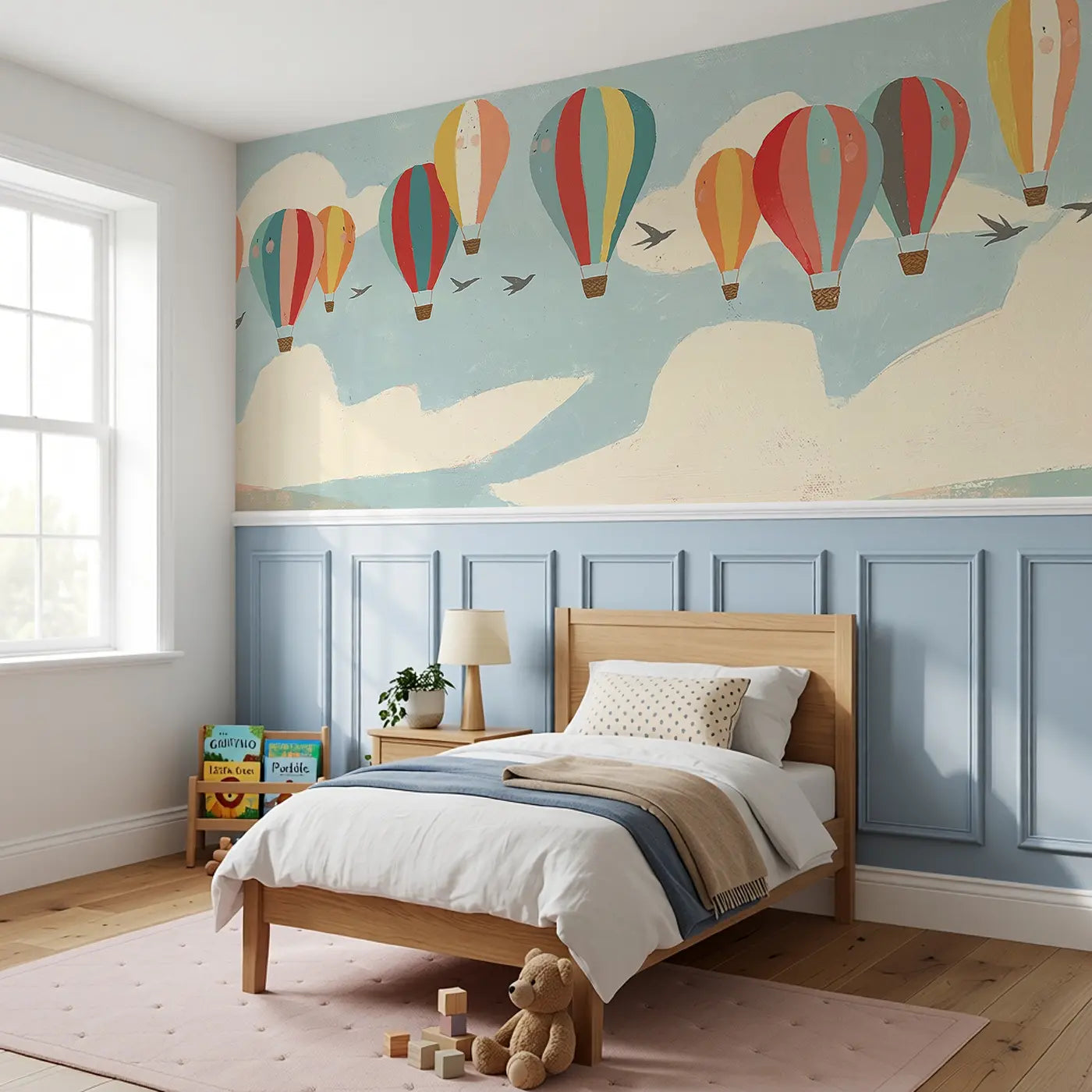 Graphic Balloon Parade Wainscoting Wallpaper styled in a kids bedroom by Whimsy Tots