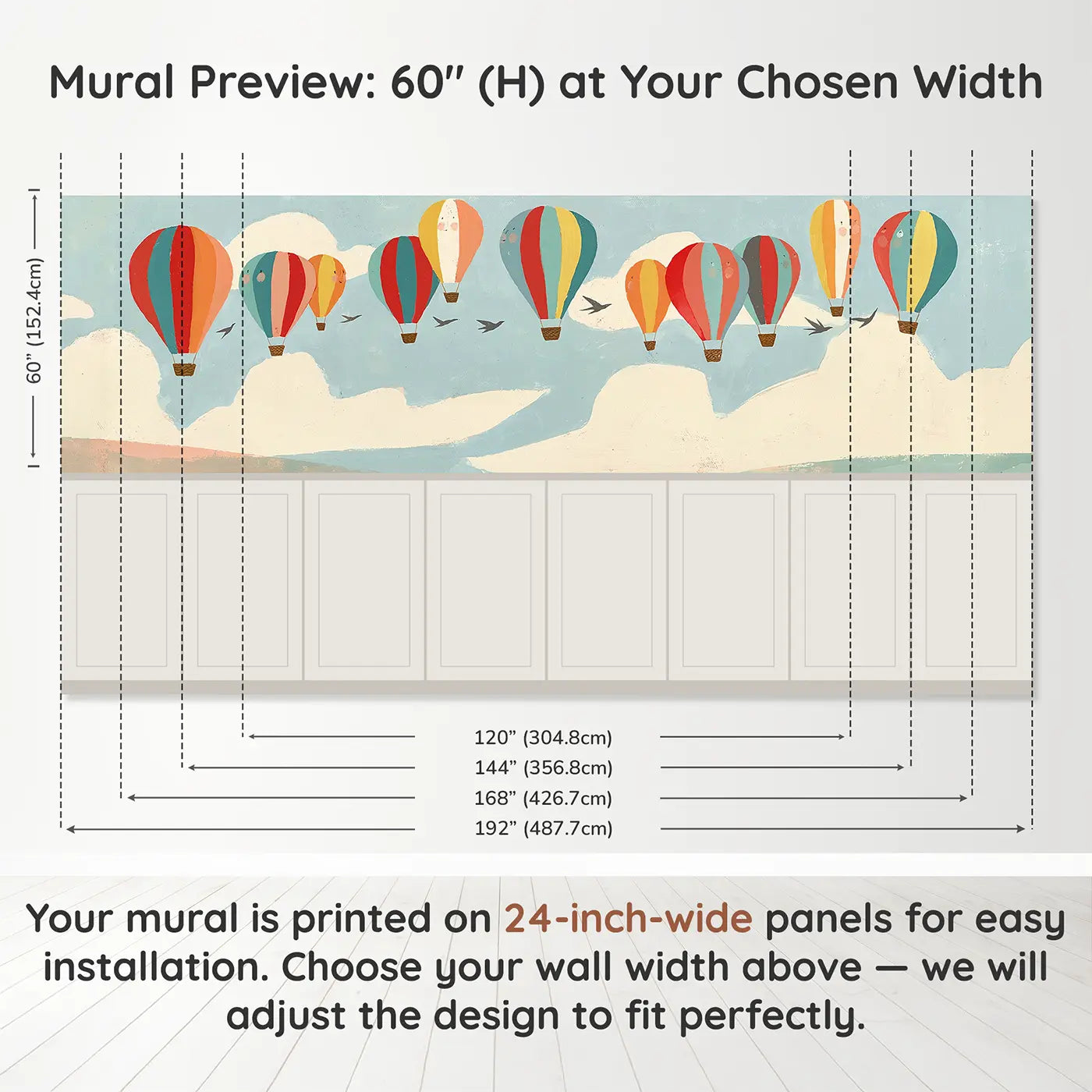 Panel dimensions for Graphic Balloon Parade Wainscoting Wallpaper by Whimsy Tots