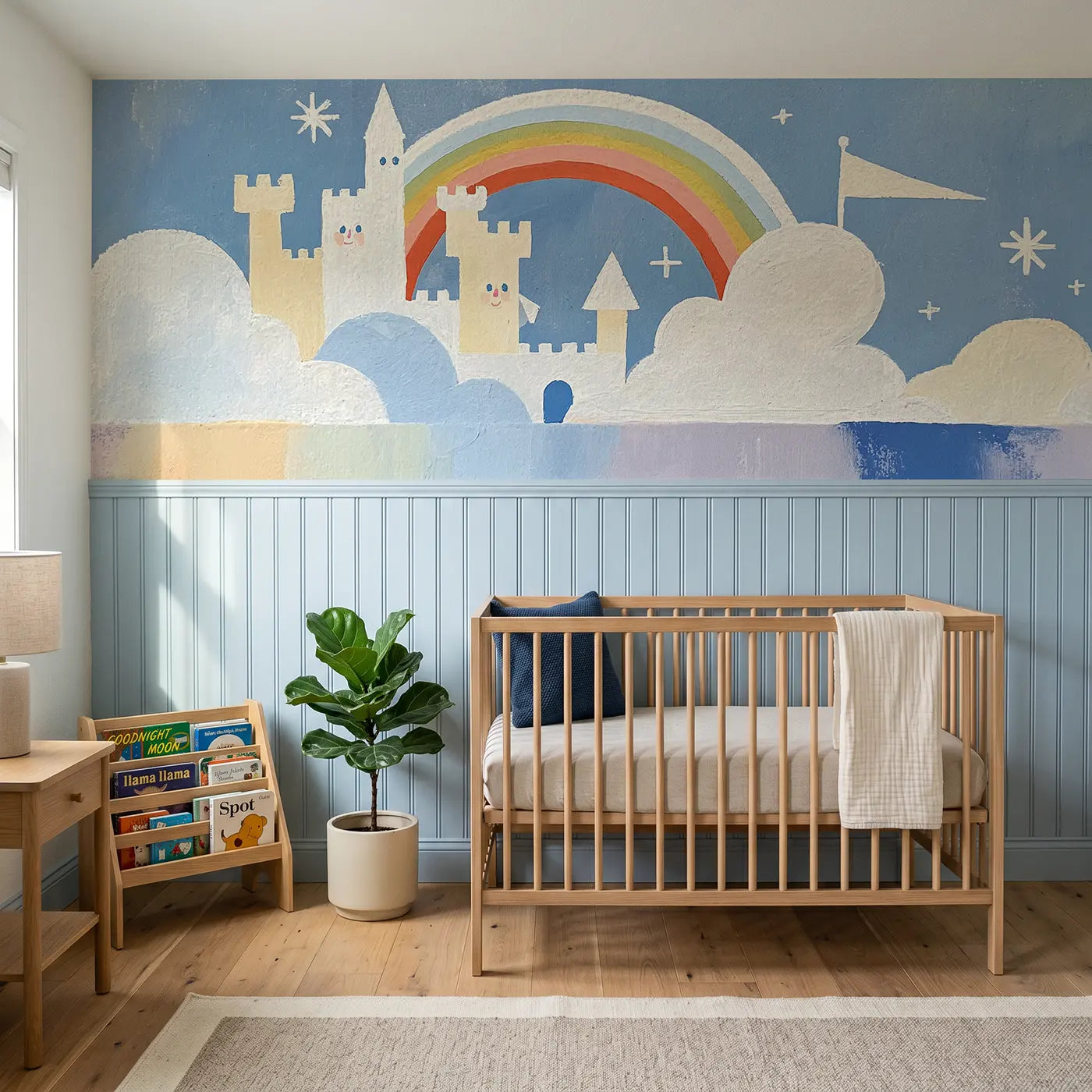 Modern Illustration flat cloud castle kingdom wainscoting wallpaper for nursery by Whimsy Tots