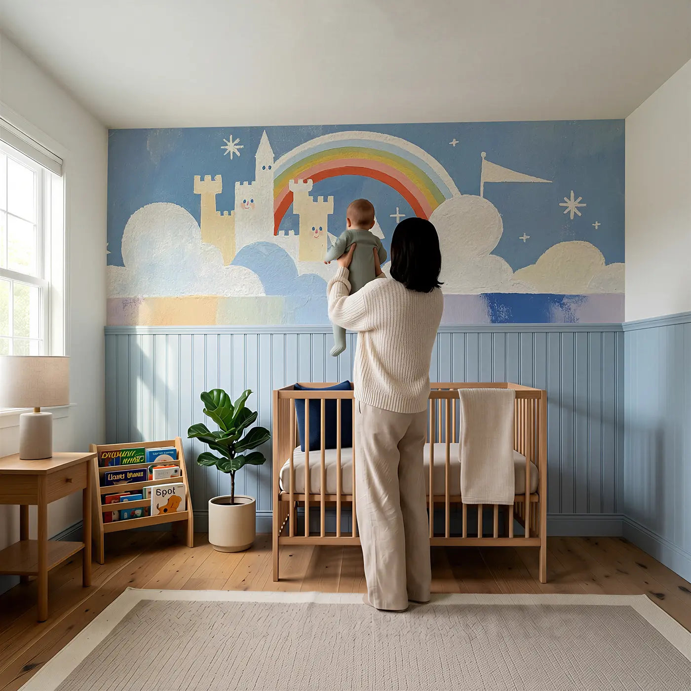 Child reading near Flat Cloud Castle Kingdom Wainscoting Wallpaper by Whimsy Tots
